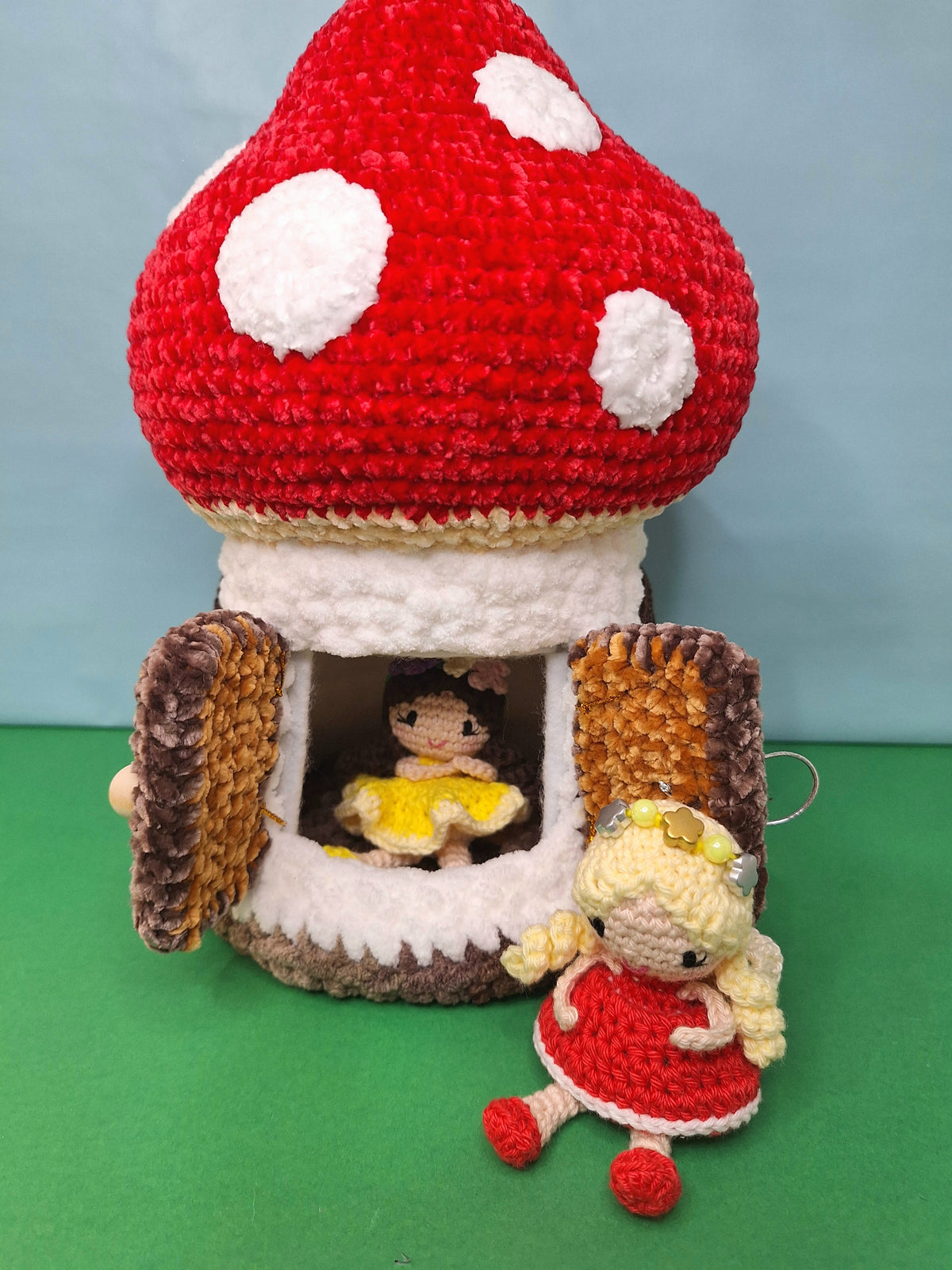 Crocheted Mushroom House Play Set with Two Fairies