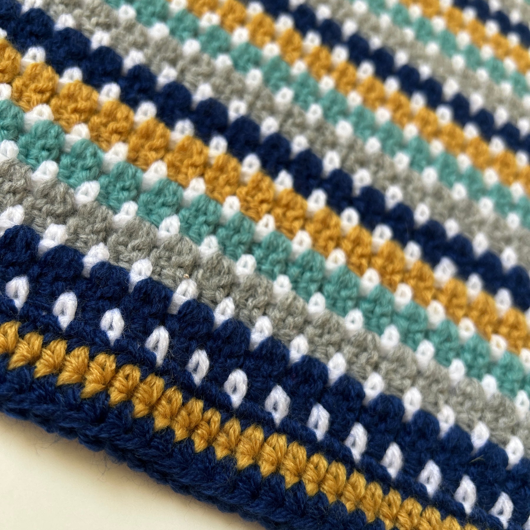 Little Adventurer – Handmade Crochet Baby Blanket | Navy, Sage, Grey & Mustard, Gender Neutral Baby Gift