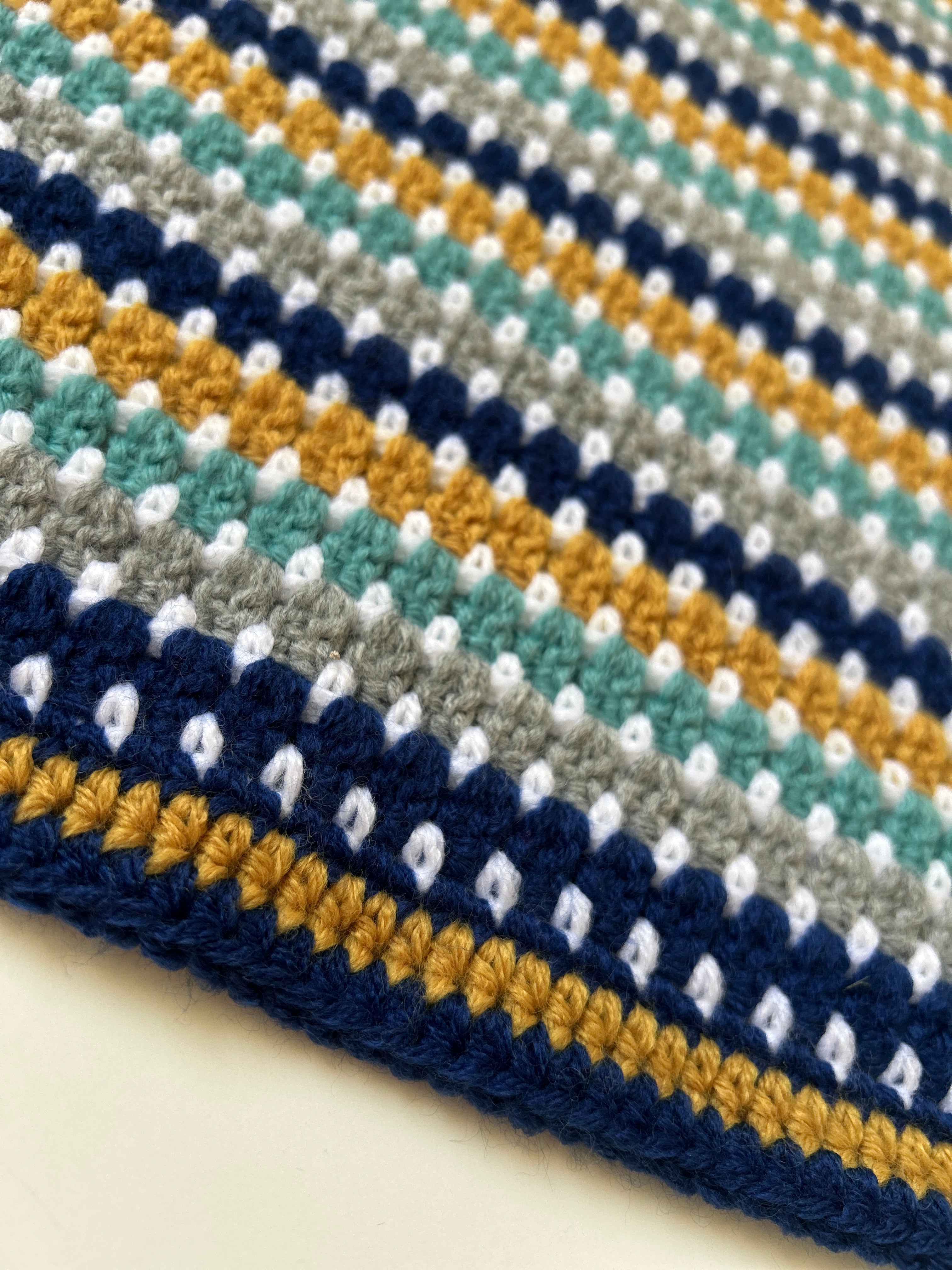 Little Adventurer – Handmade Crochet Baby Blanket | Navy, Sage, Grey & Mustard, Gender Neutral Baby Gift