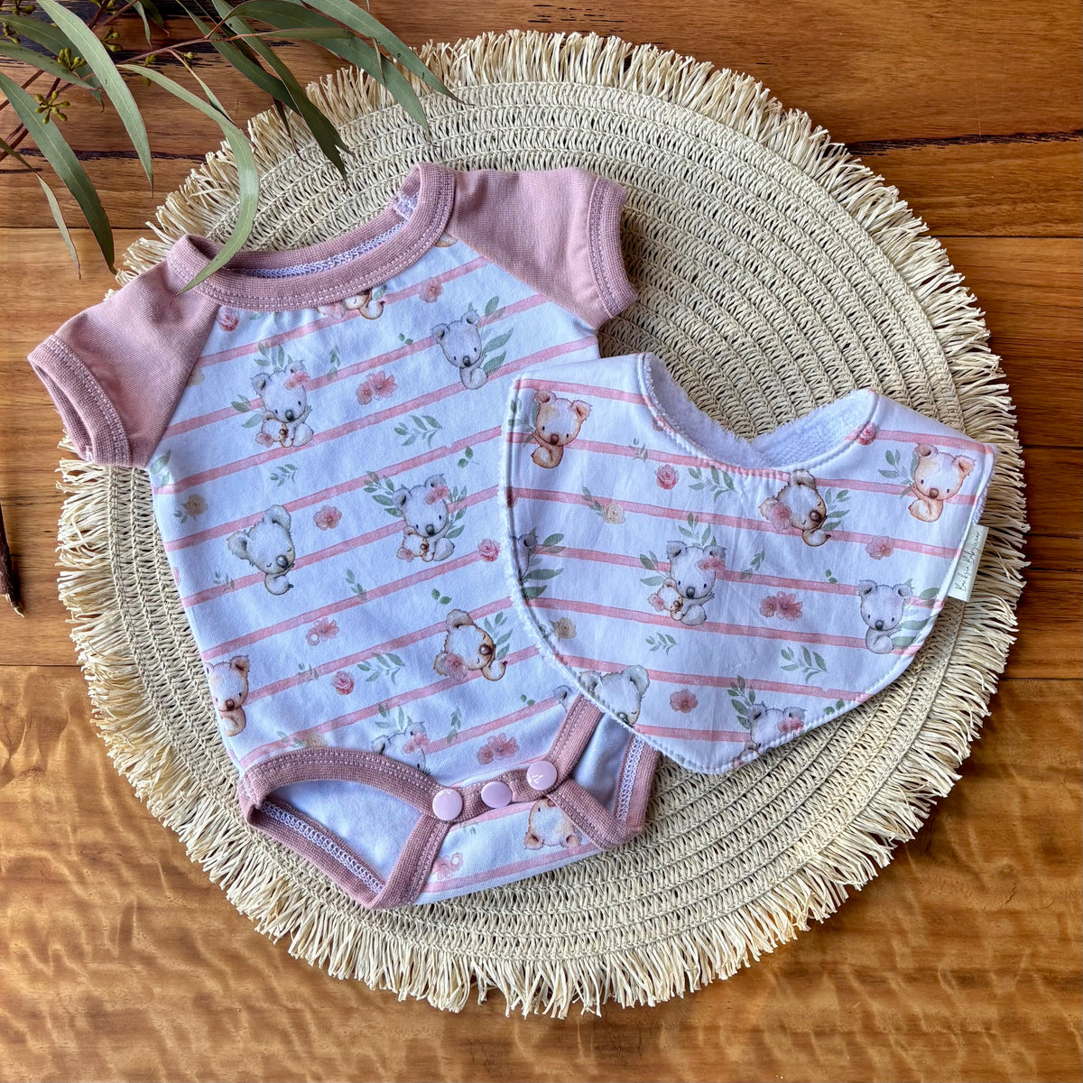 Baby Short Sleeved Bodysuit | Pink Koala Stripe | Size premmie to 2 | Made to order