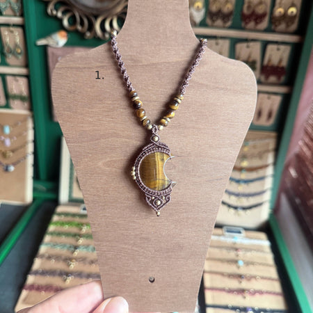 Macrame Moon Pendant with Several Gemstone Options