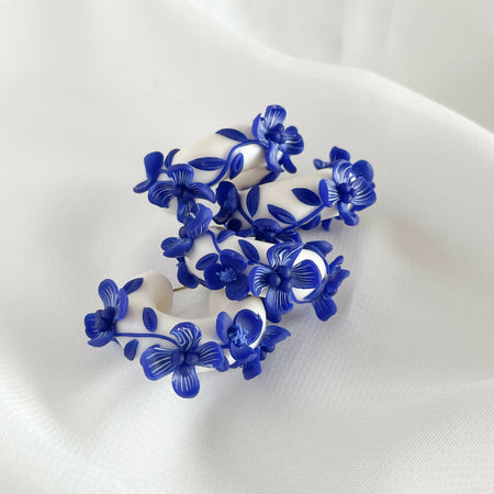 Polymer clay chunky blue and white floral hoops