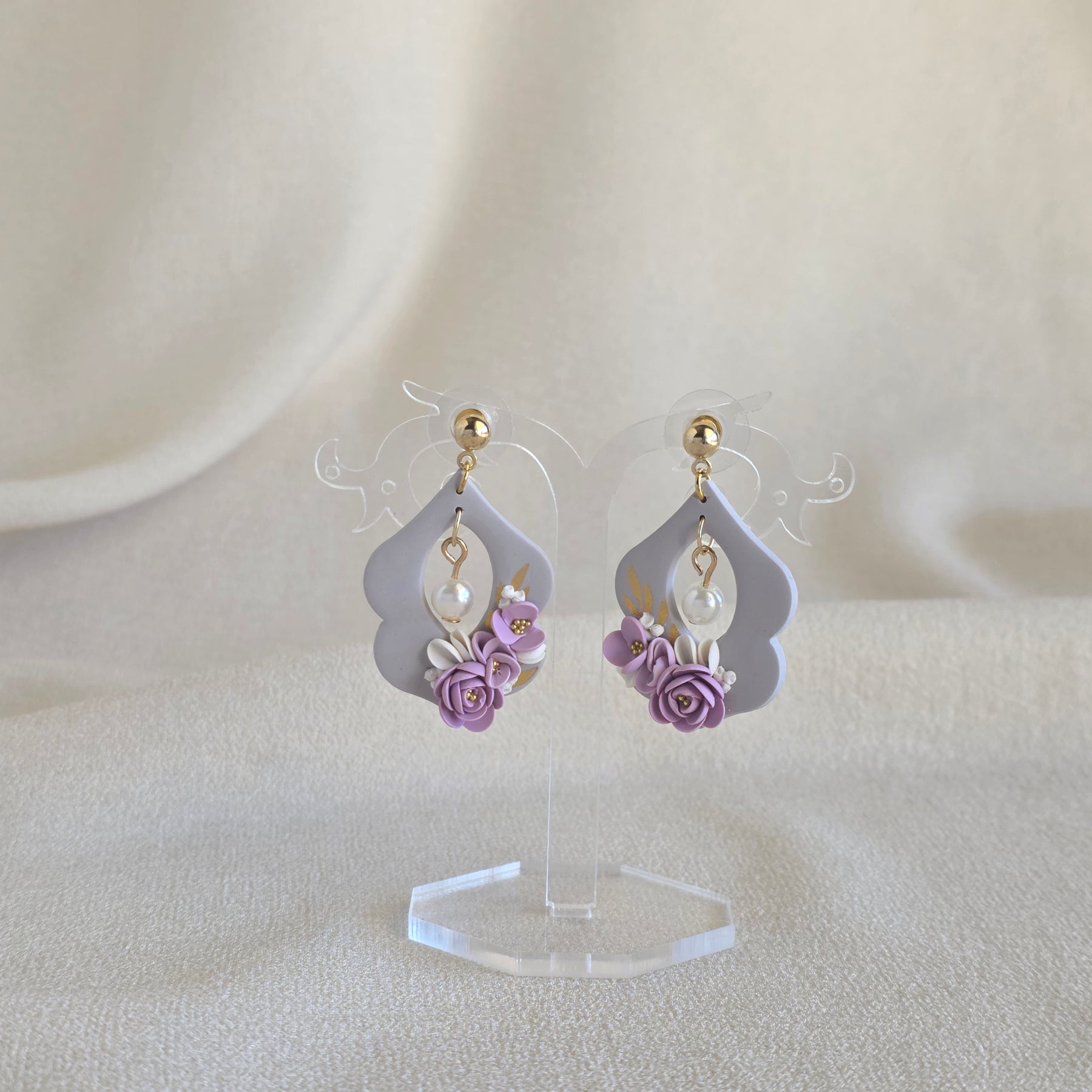 Blush Pink Floral Polymer Clay Earrings | Handmade Flower Earrings | Lightweight Gold & Pearl Statement Earrings | Bridal Jewellery | Gift for Her