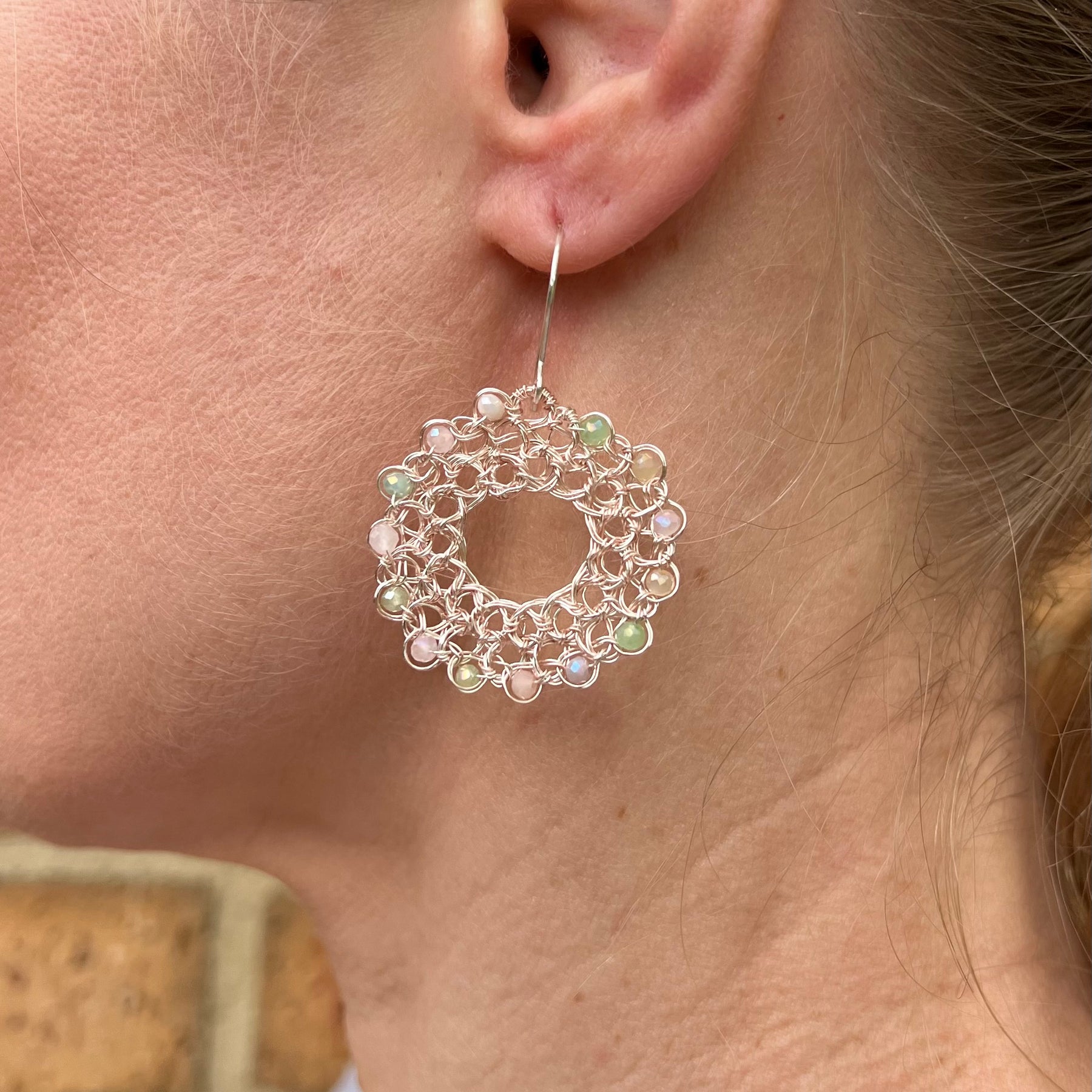 Pastel Gemstone Wreath Earrings: Silver & Rose Gold Wire, Sterling Silver hooks