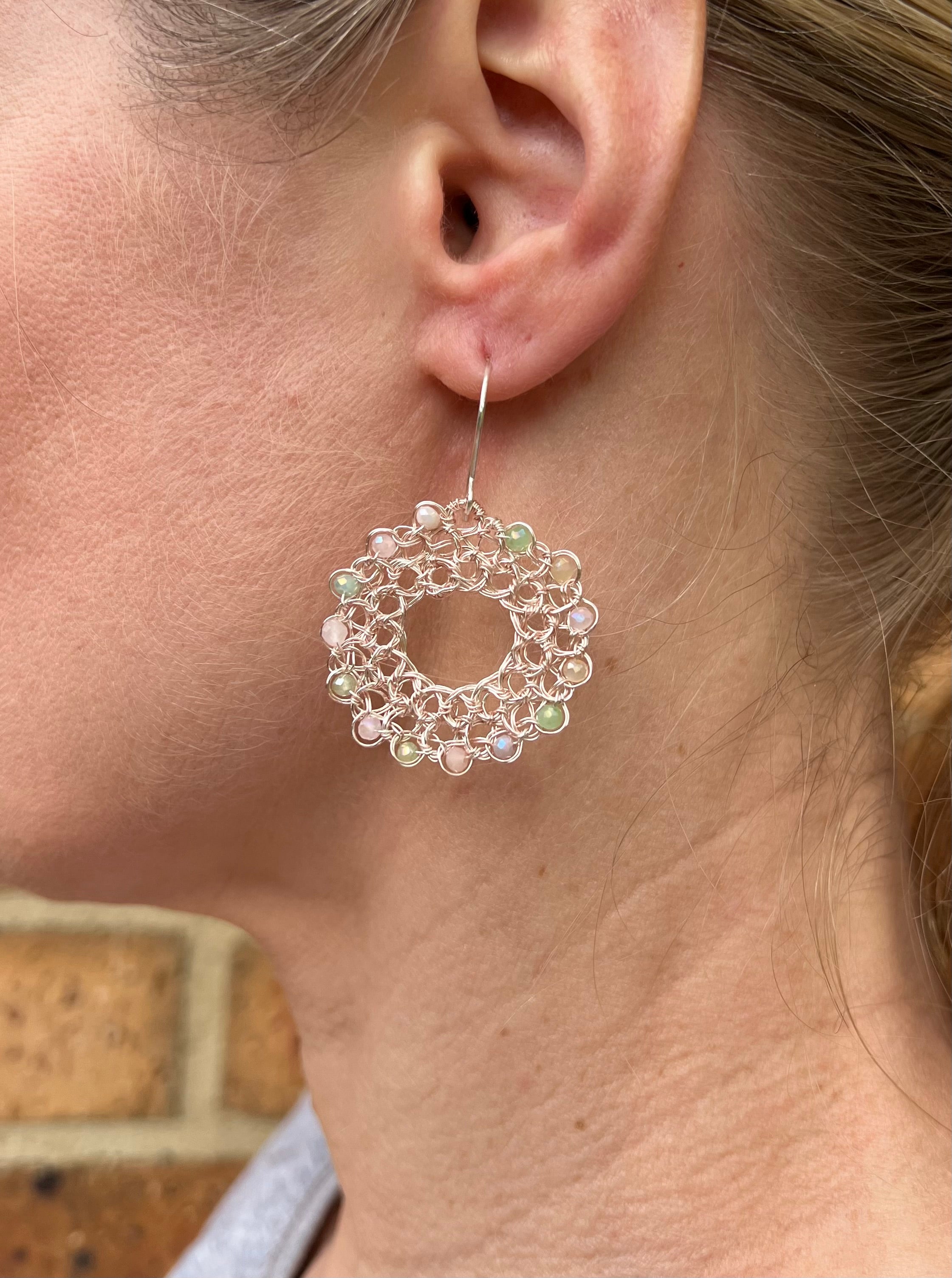 Pastel Gemstone Wreath Earrings: Silver & Rose Gold Wire, Sterling Silver hooks