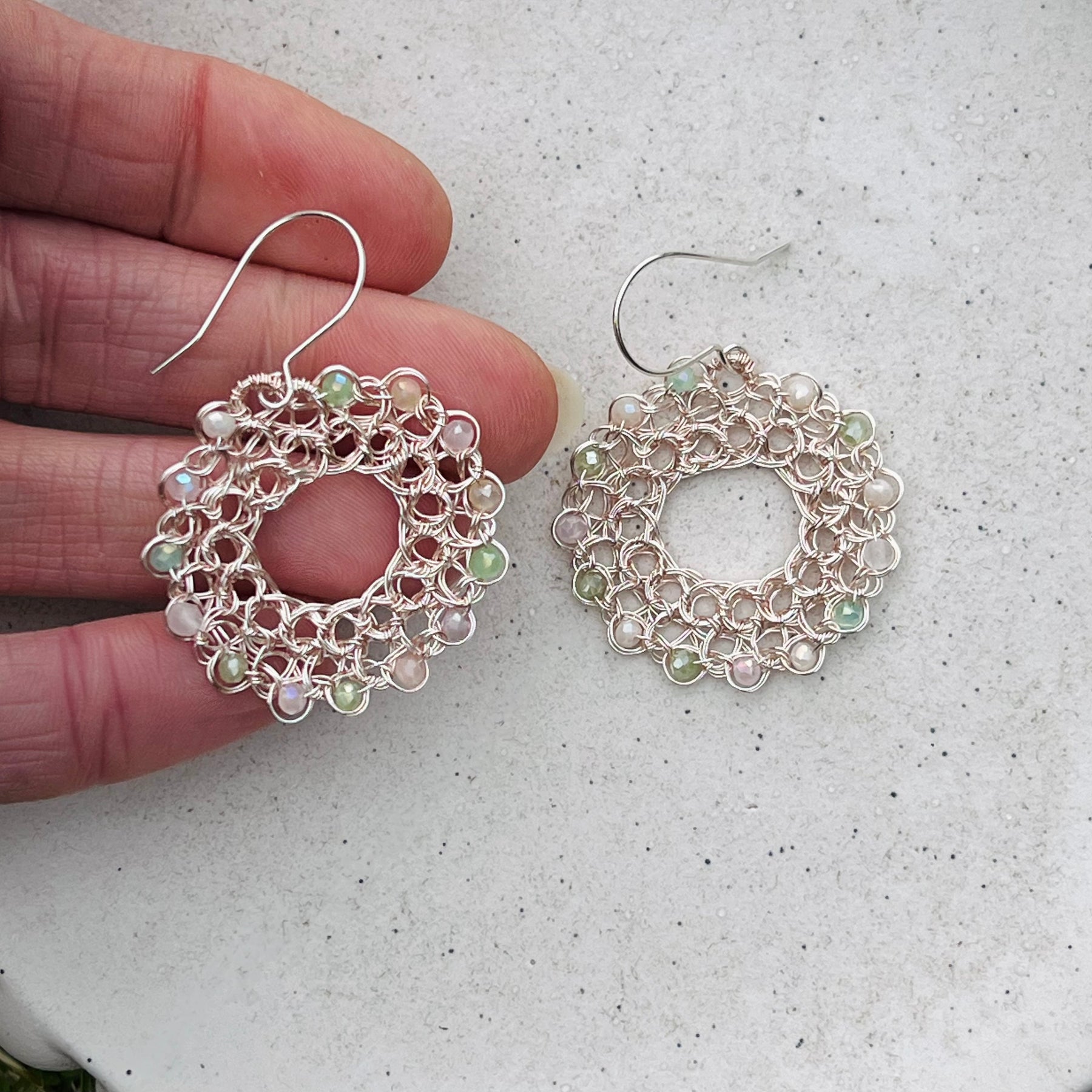 Pastel Gemstone Wreath Earrings: Silver & Rose Gold Wire, Sterling Silver hooks