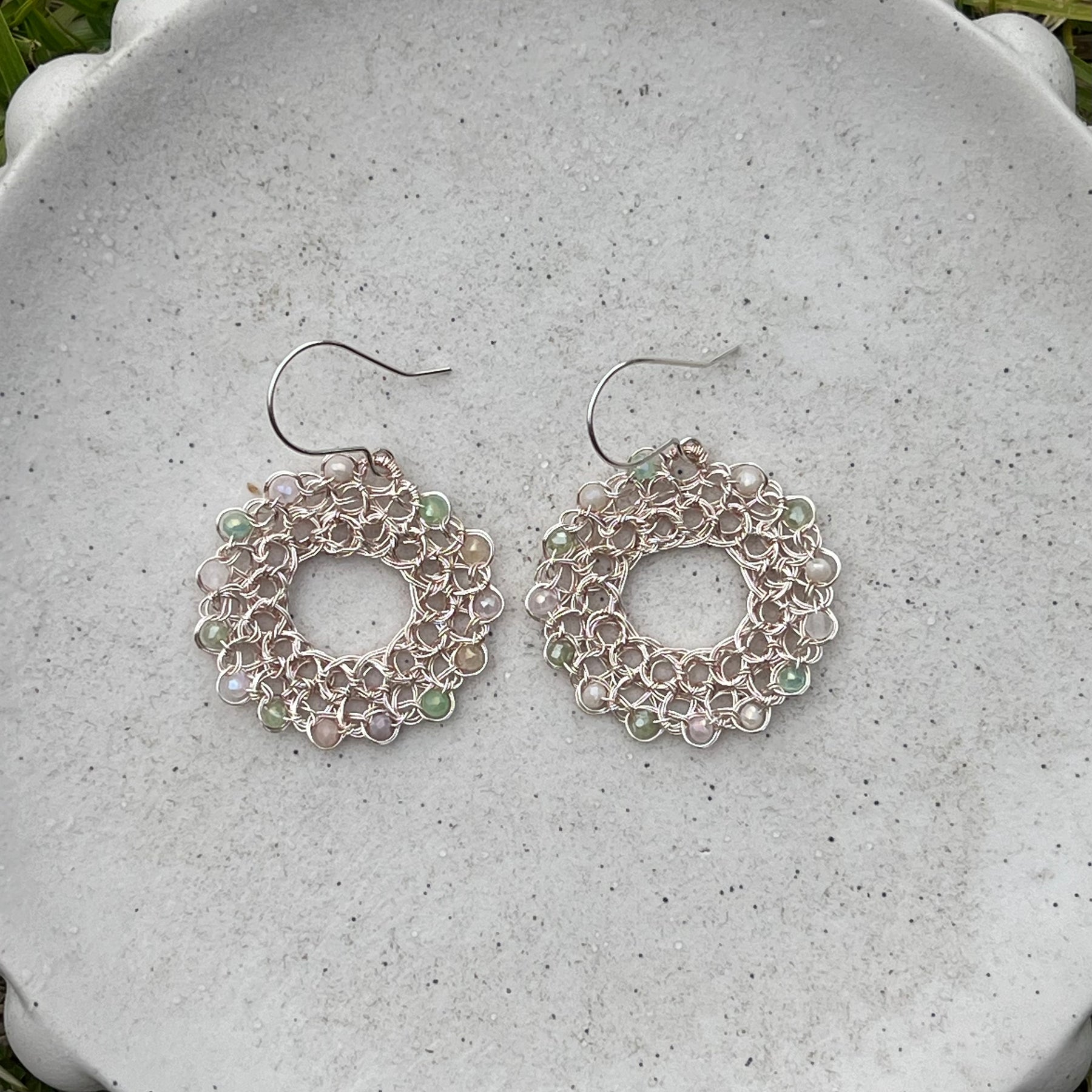 Pastel Gemstone Wreath Earrings: Silver & Rose Gold Wire, Sterling Silver hooks