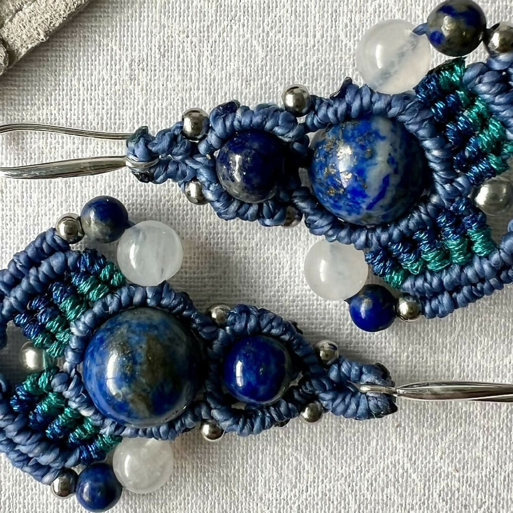 SOLD OUT Lapis Lazuli & Moonstone Macrame Earrings +Free Microfibre Pouch