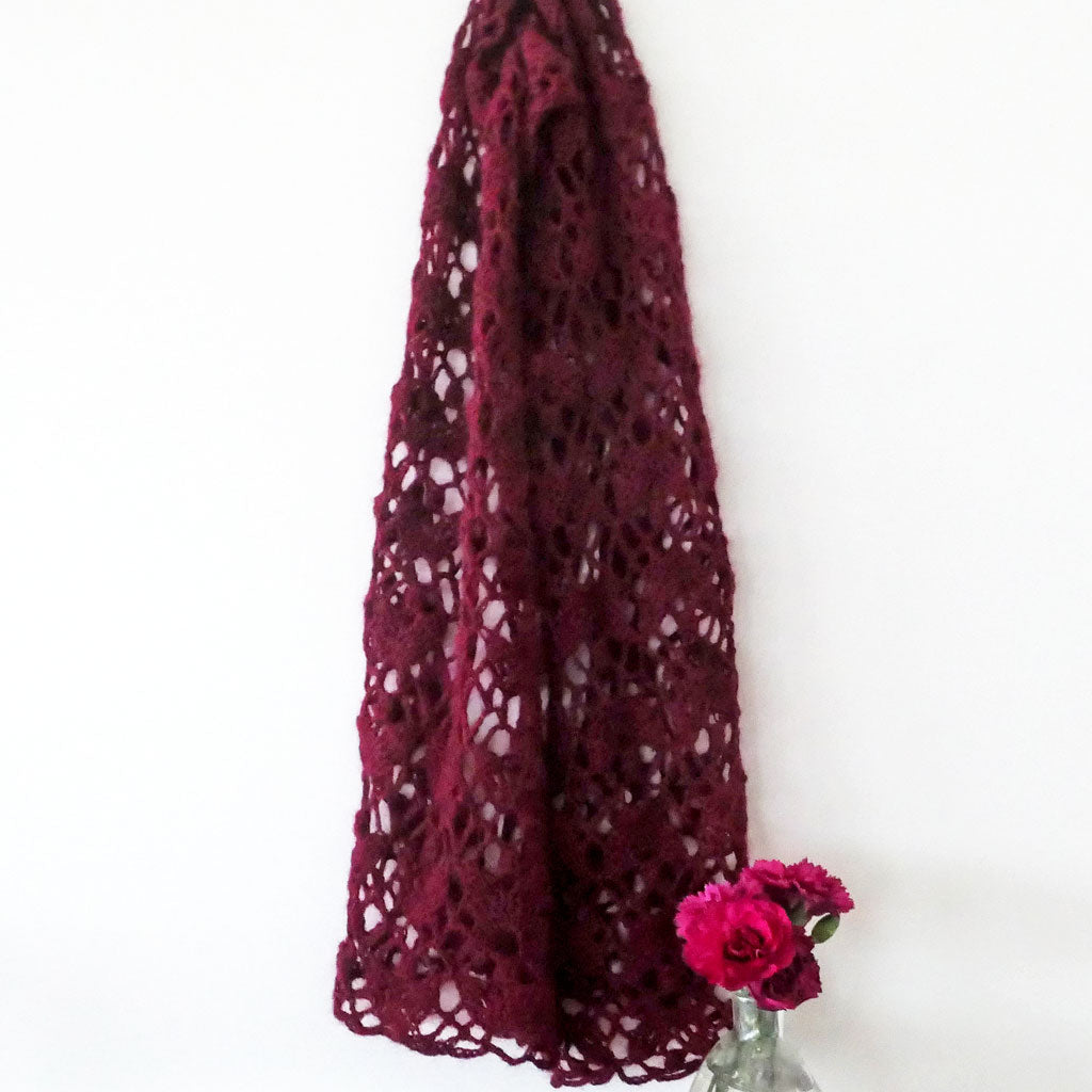 Scarf, crocheted, deep burgundy, wool, mohair.  Free shipping.