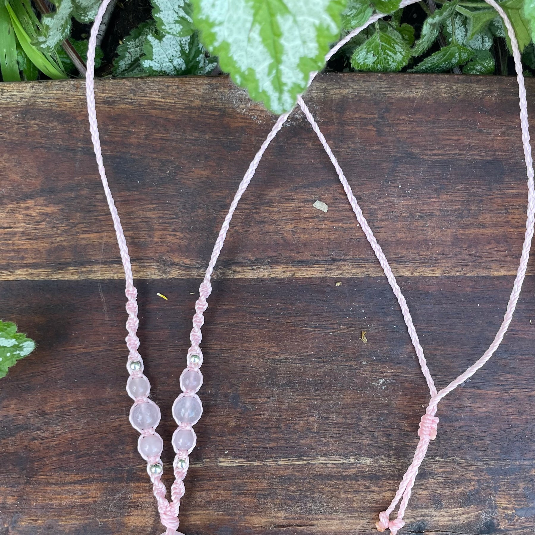 Rose Quartz Pendant, oval shape, beaded necklace adjustable
