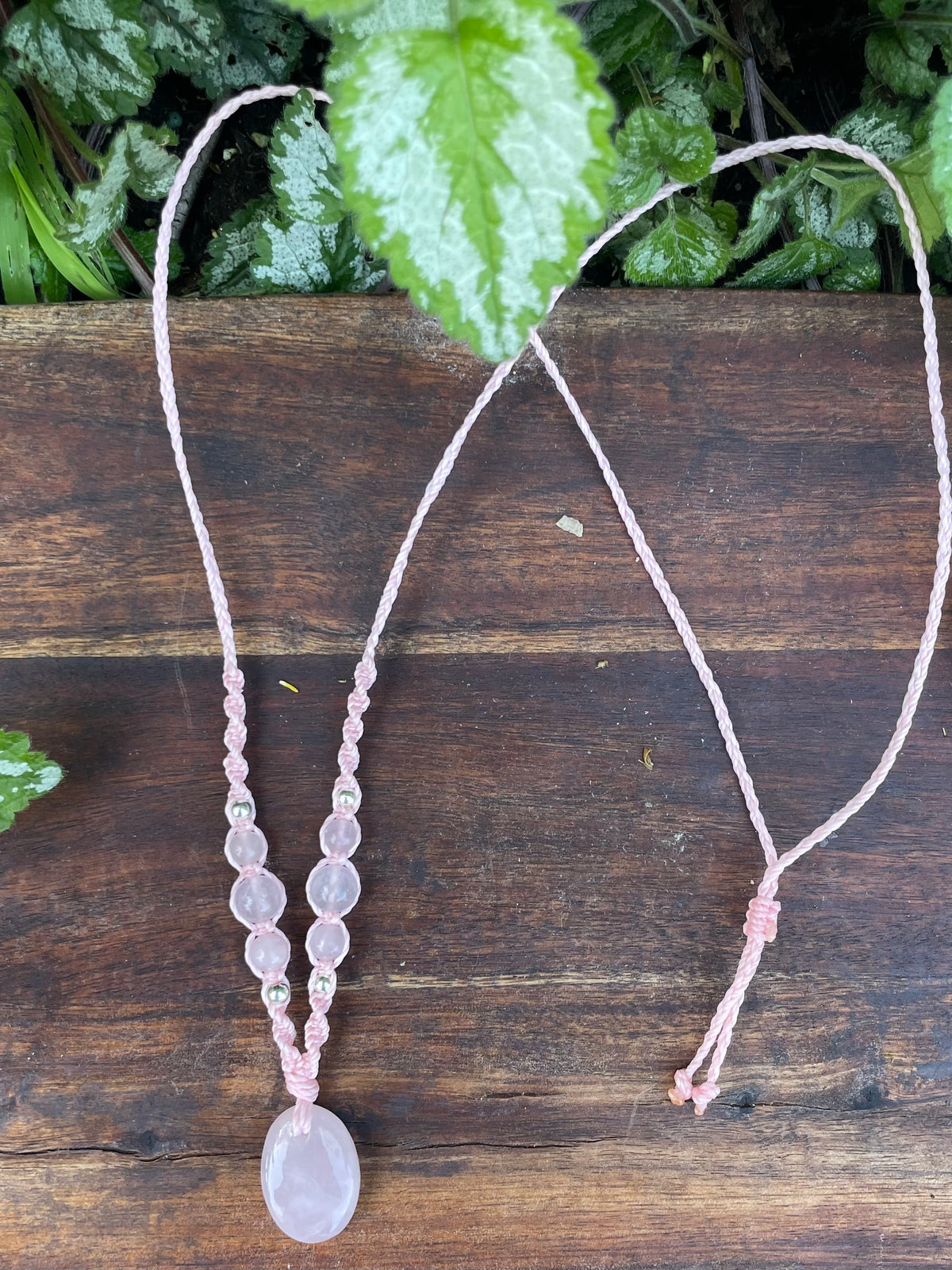 Rose Quartz Pendant, oval shape, beaded necklace adjustable