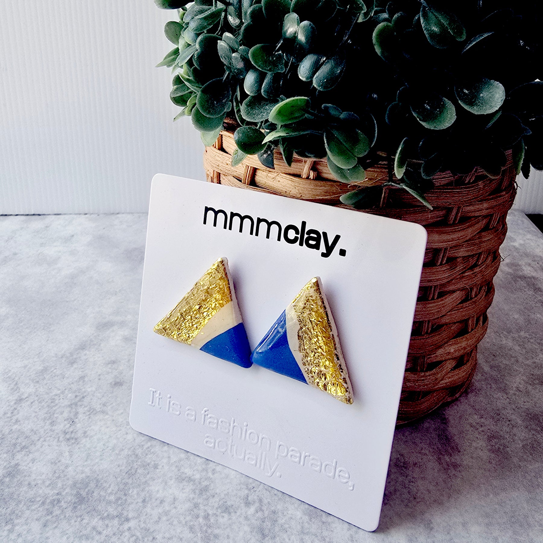Bright Blue Gold Triangle Handmade Polymer Clay Studs