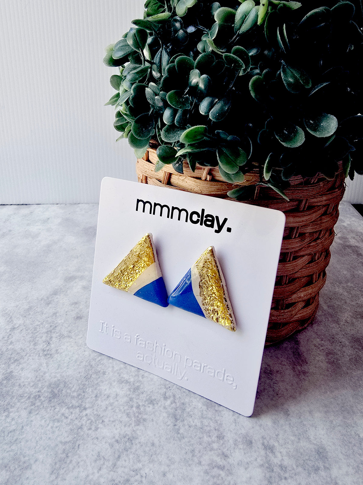 Bright Blue Gold Triangle Handmade Polymer Clay Studs