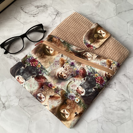 Highland Cows fabric book sleeve with 2 pockets. iPad, tablet pouch