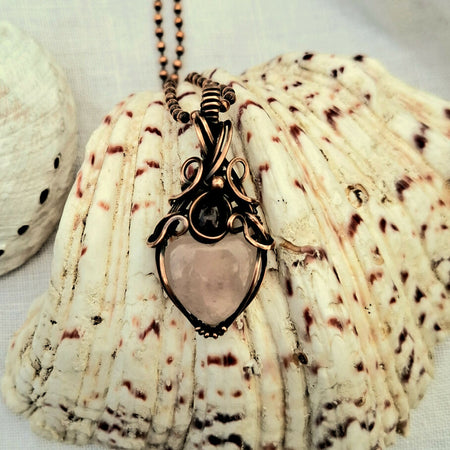 Rose Quartz Heart with Pink Tourmaline in Copper with chain