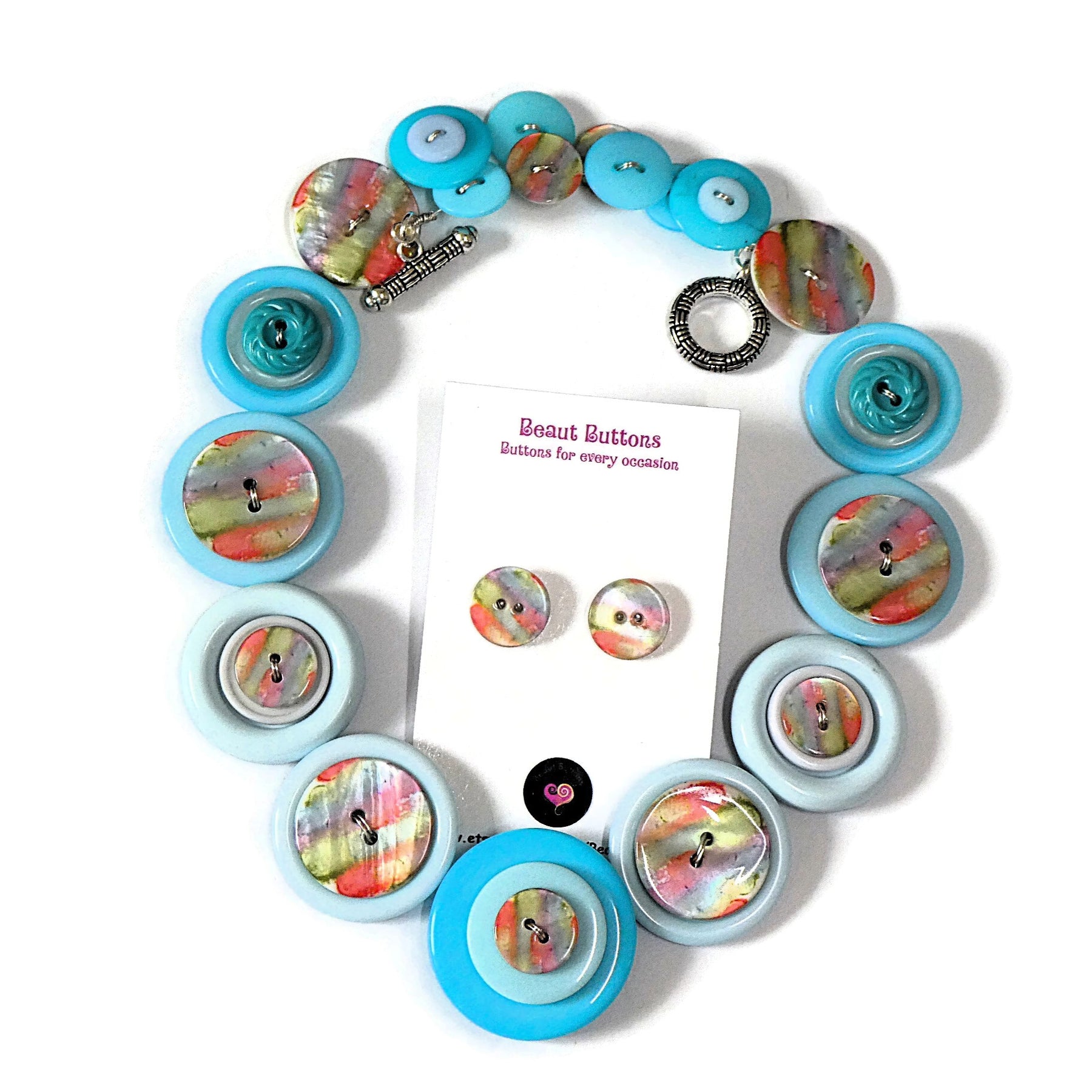 Button necklace and earrings - Pacific Dawn