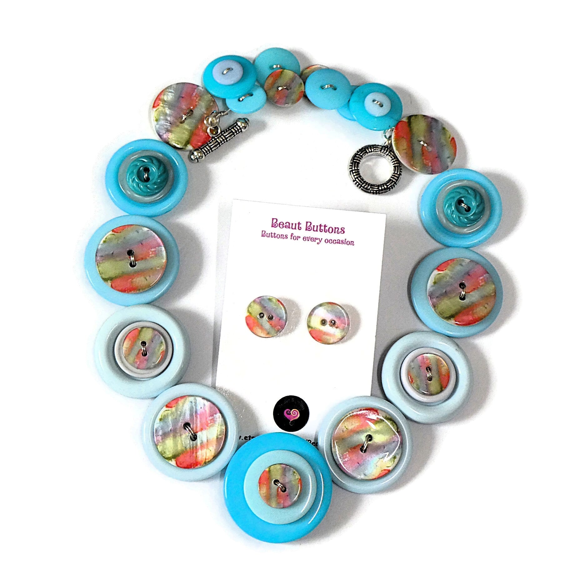 Button necklace and earrings - Pacific Dawn