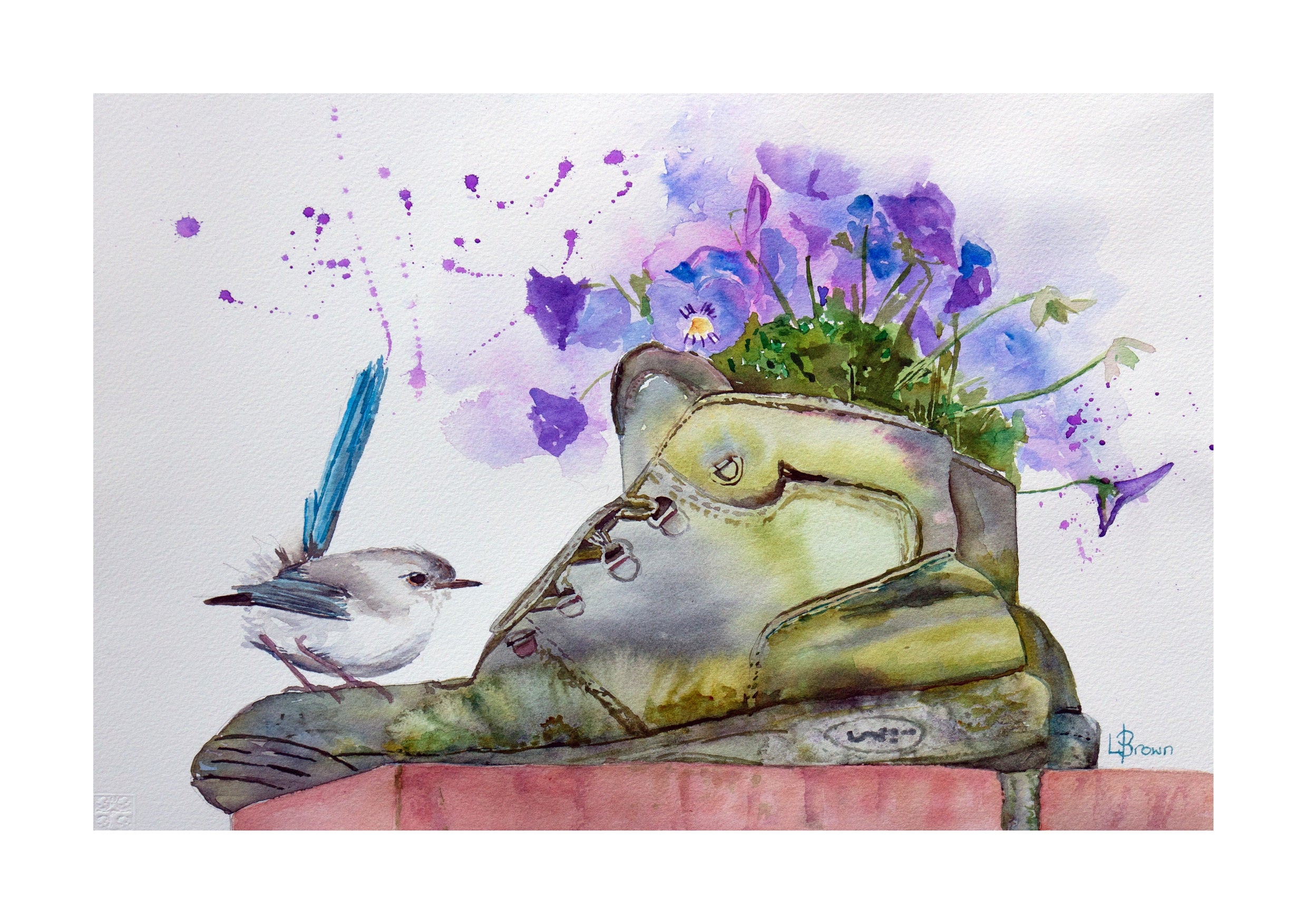 Fairy Wren and Pansies A3 Fine Art Print