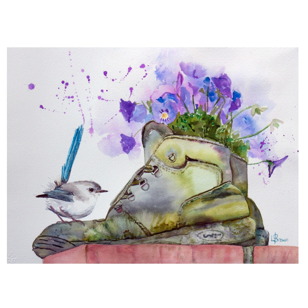Fairy Wren and Pansies A3 Fine Art Print