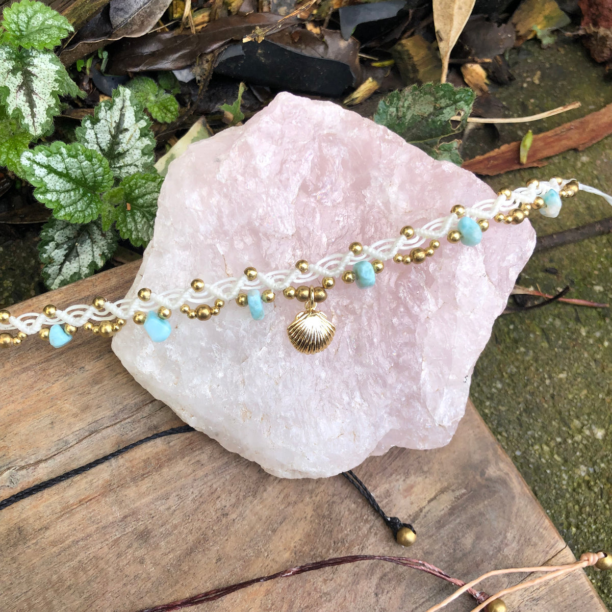 Larimar Gemstone Macrame Anklet: Brass beads and Shell Charm, adjustable