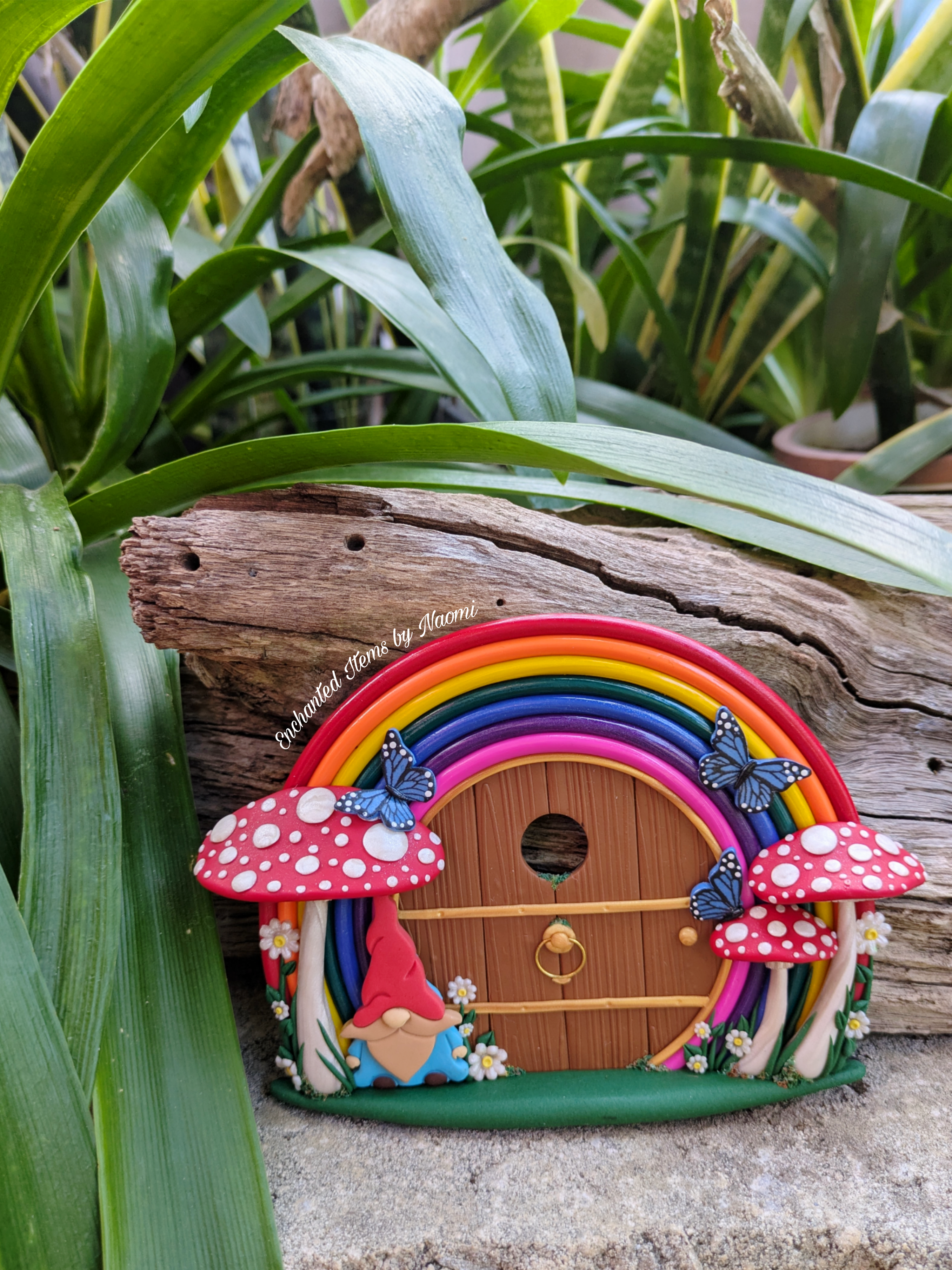 Rainbow Gnome Fairy Door – Hand-Sculpted Polymer Clay