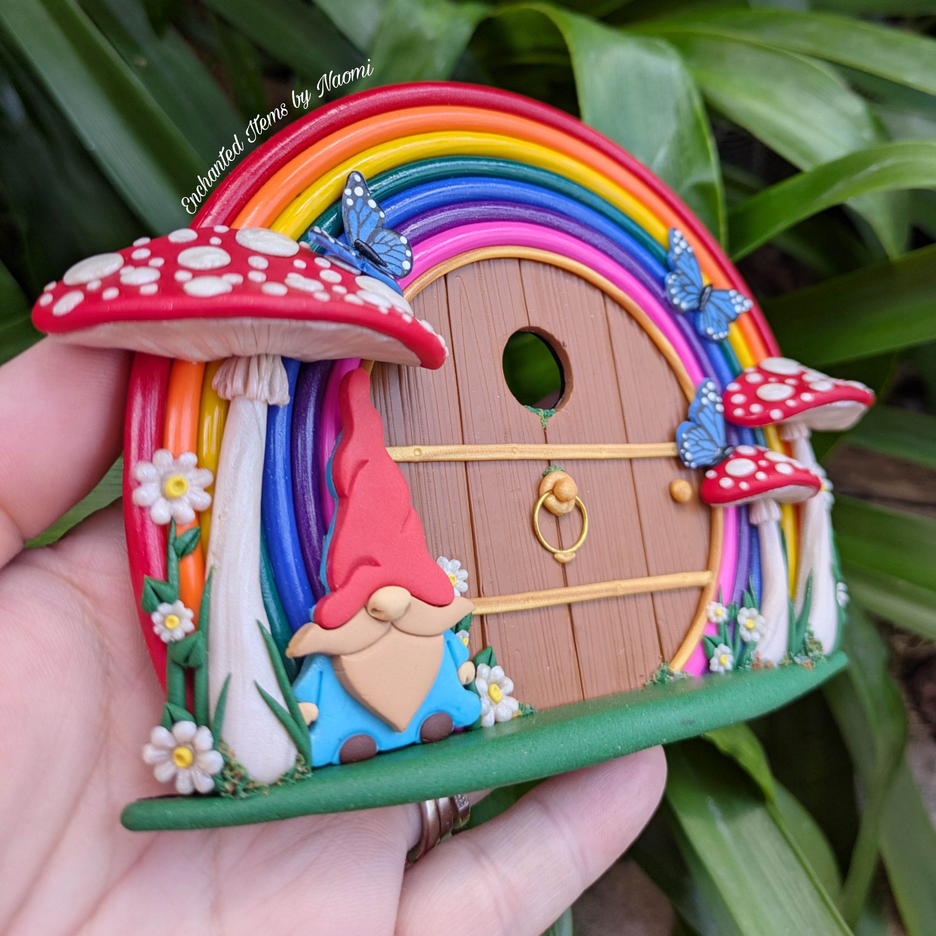 Rainbow Gnome Fairy Door – Hand-Sculpted Polymer Clay
