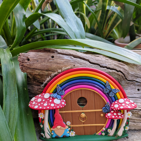 Rainbow Gnome Fairy Door – Hand-Sculpted Polymer Clay