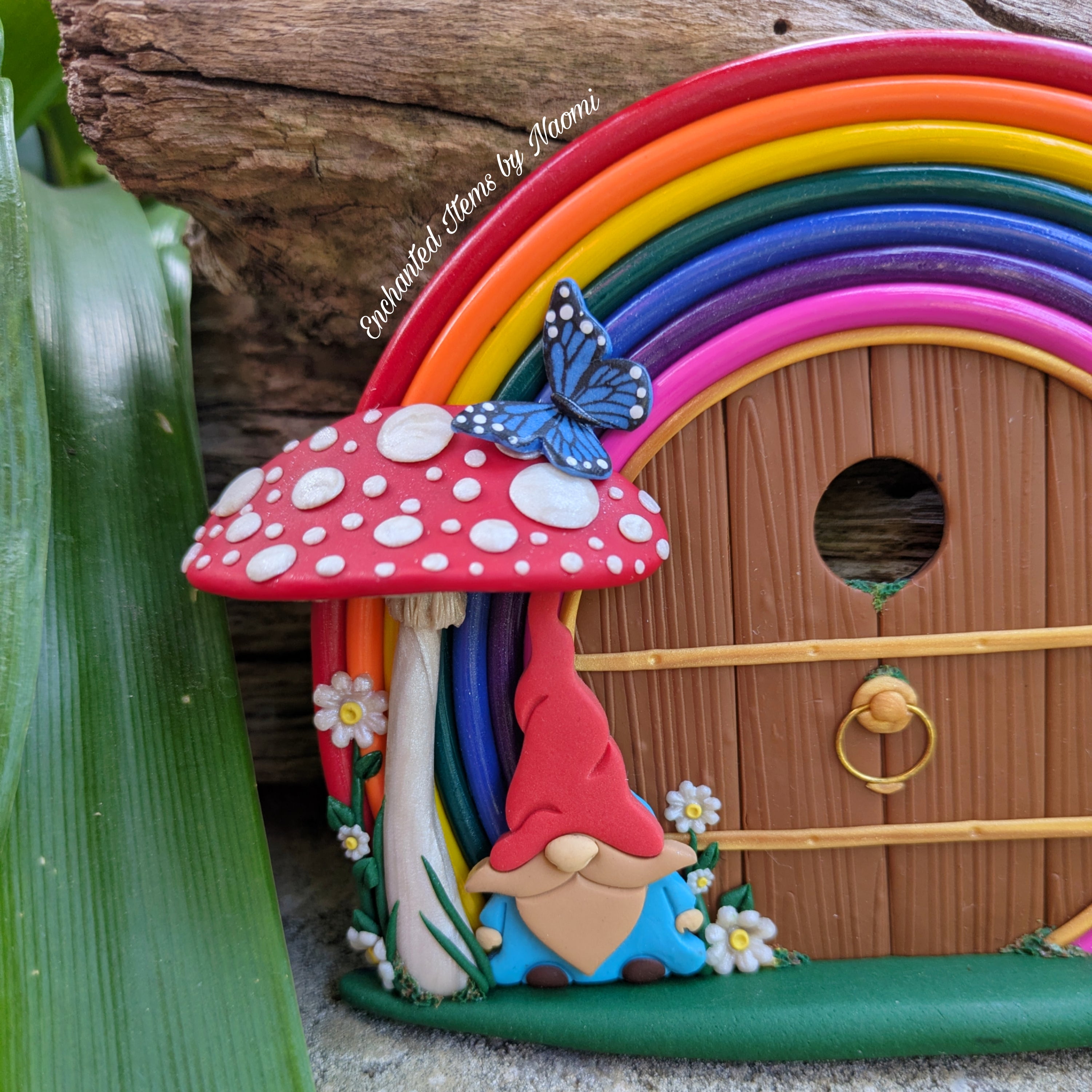 Rainbow Gnome Fairy Door – Hand-Sculpted Polymer Clay