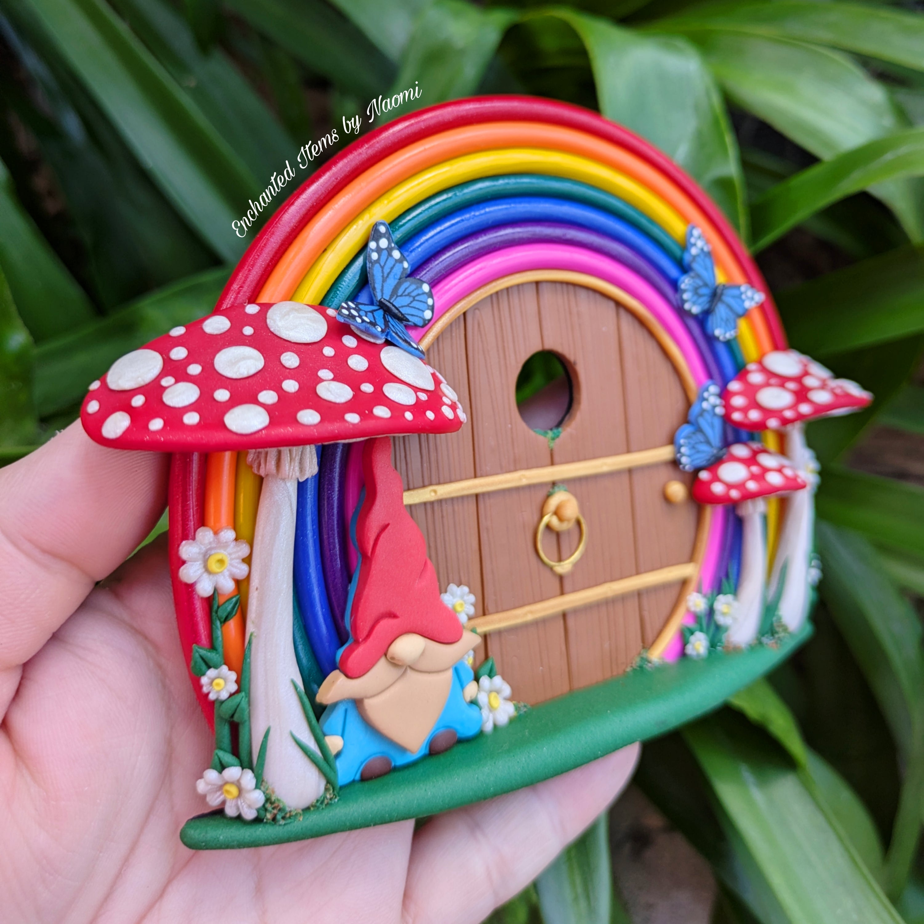 Rainbow Gnome Fairy Door – Hand-Sculpted Polymer Clay