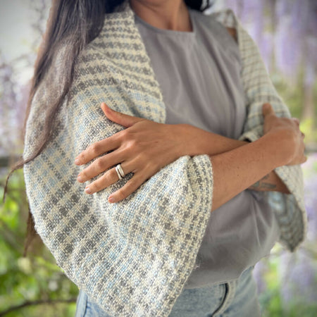 ‘Soft Skies Shrug’, handwoven in alpaca, ramie & wool