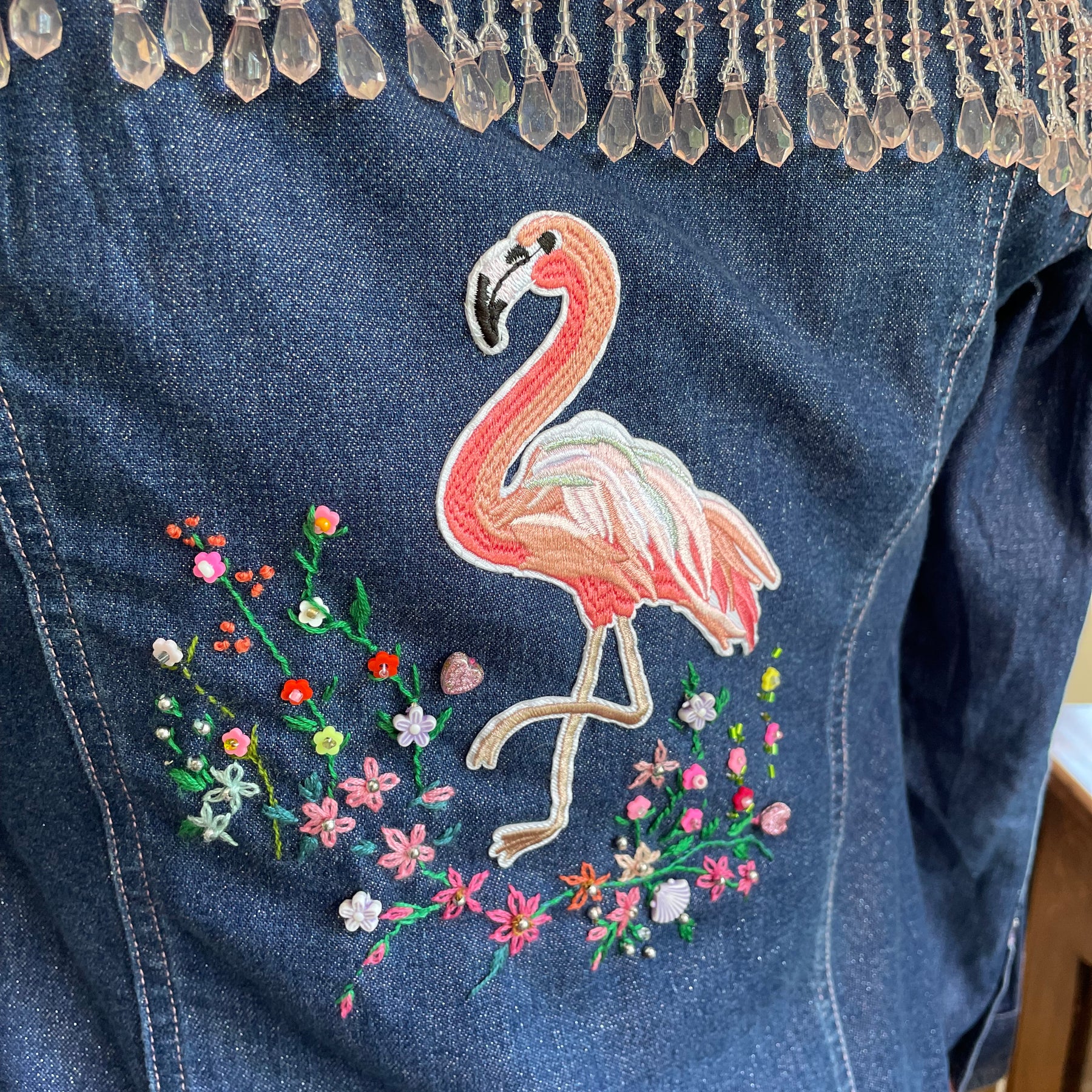 Upcycled Pink Denim Flamingo Beaded Jacket