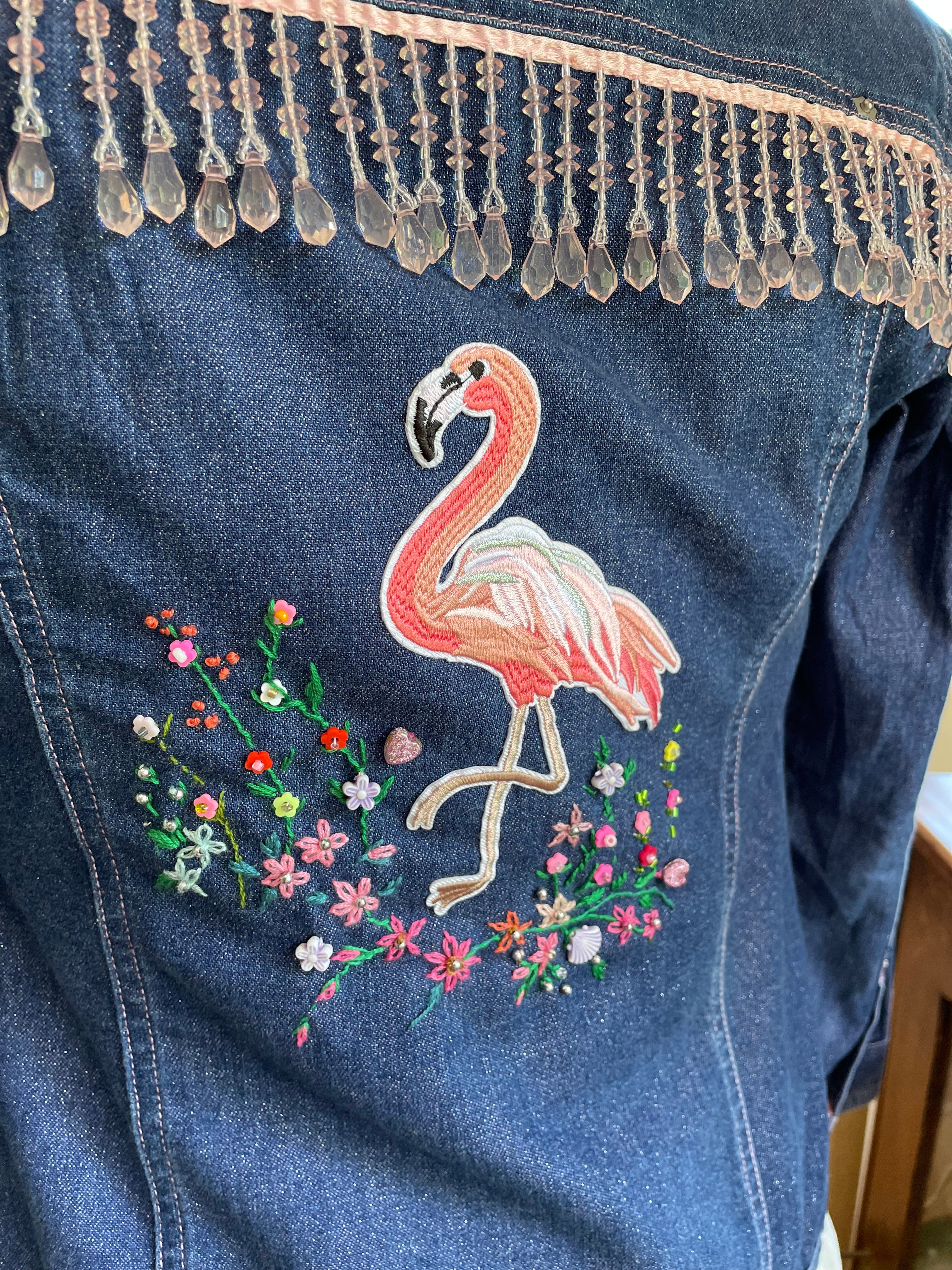 Upcycled Pink Denim Flamingo Beaded Jacket