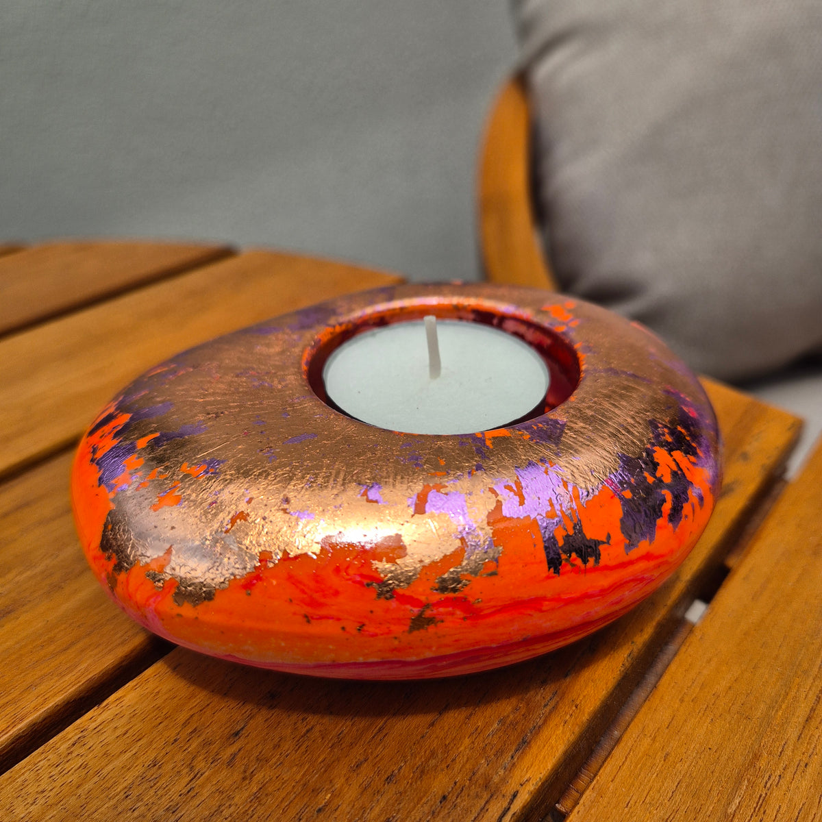 Large orange and gold pebble shaped tealight candle holder