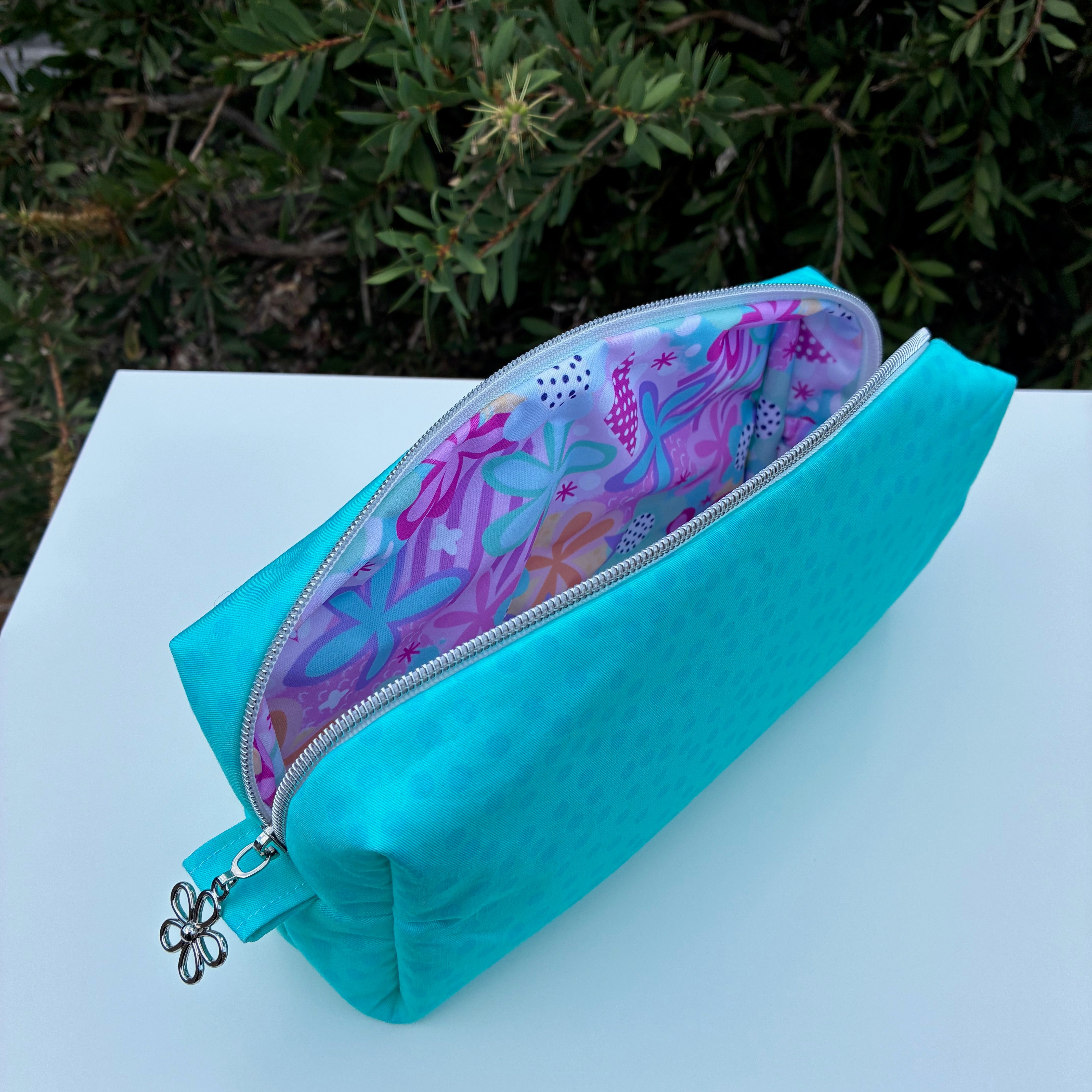 Bilby Pouch - Small Aqua Spots lined with Spring Bloom (Wonderland Design Co)
