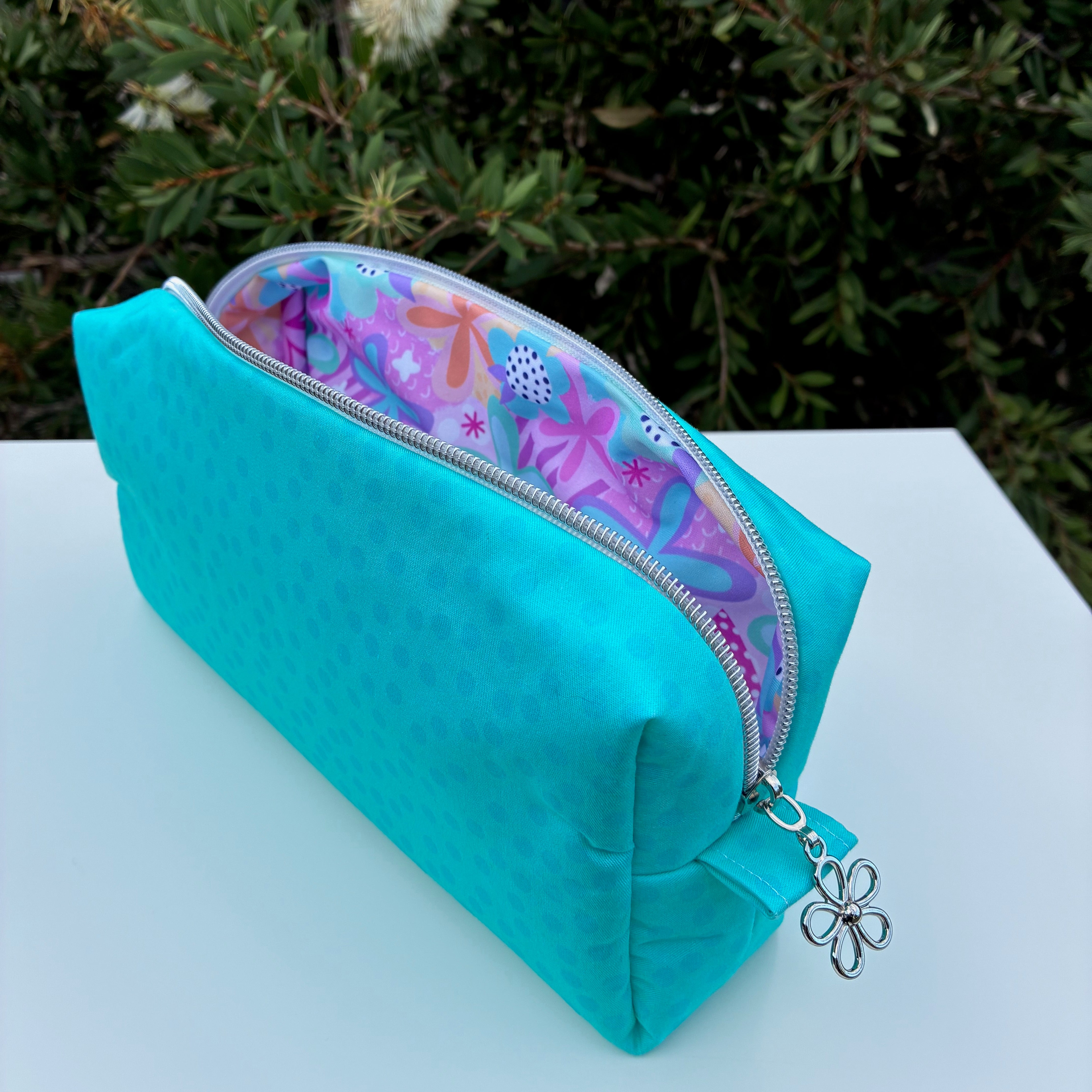 Bilby Pouch - Small Aqua Spots lined with Spring Bloom (Wonderland Design Co)