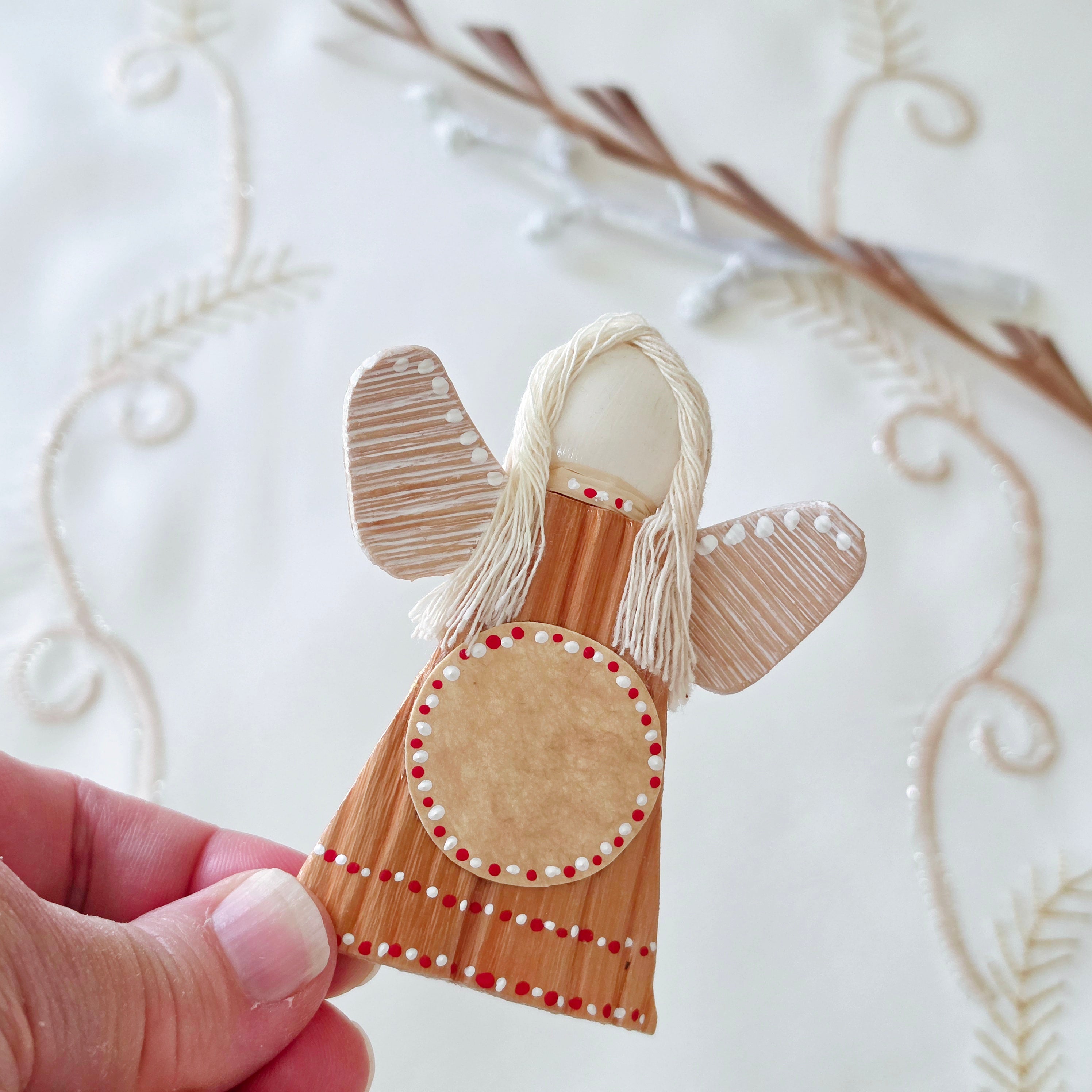 Hello - Palm Angel Ornament Keepsake, red and white dots