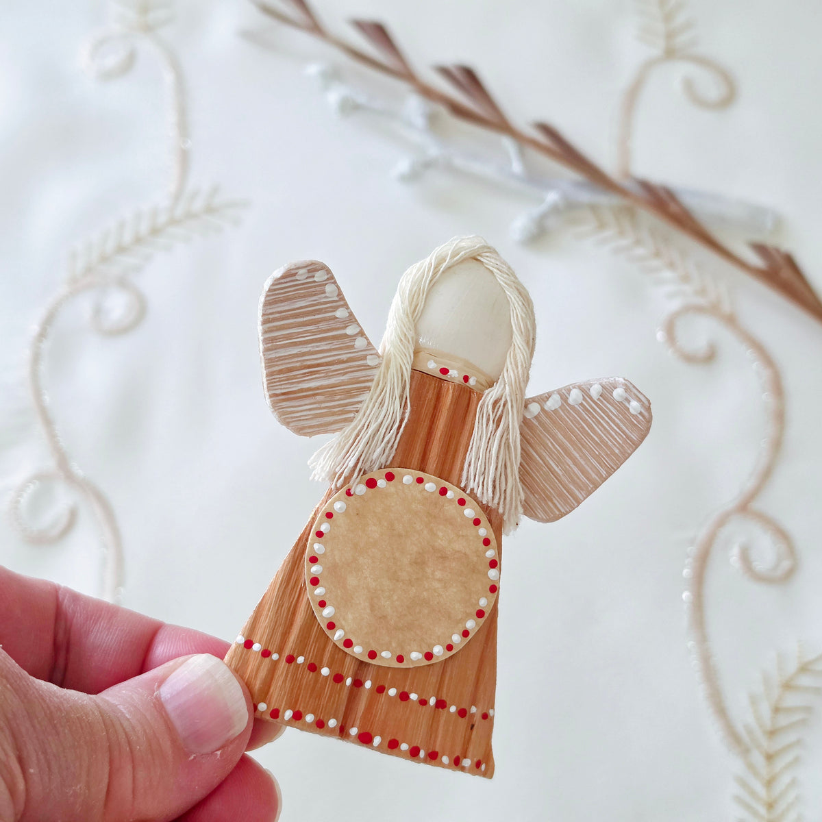 Hello - Palm Angel Ornament Keepsake, red and white dots