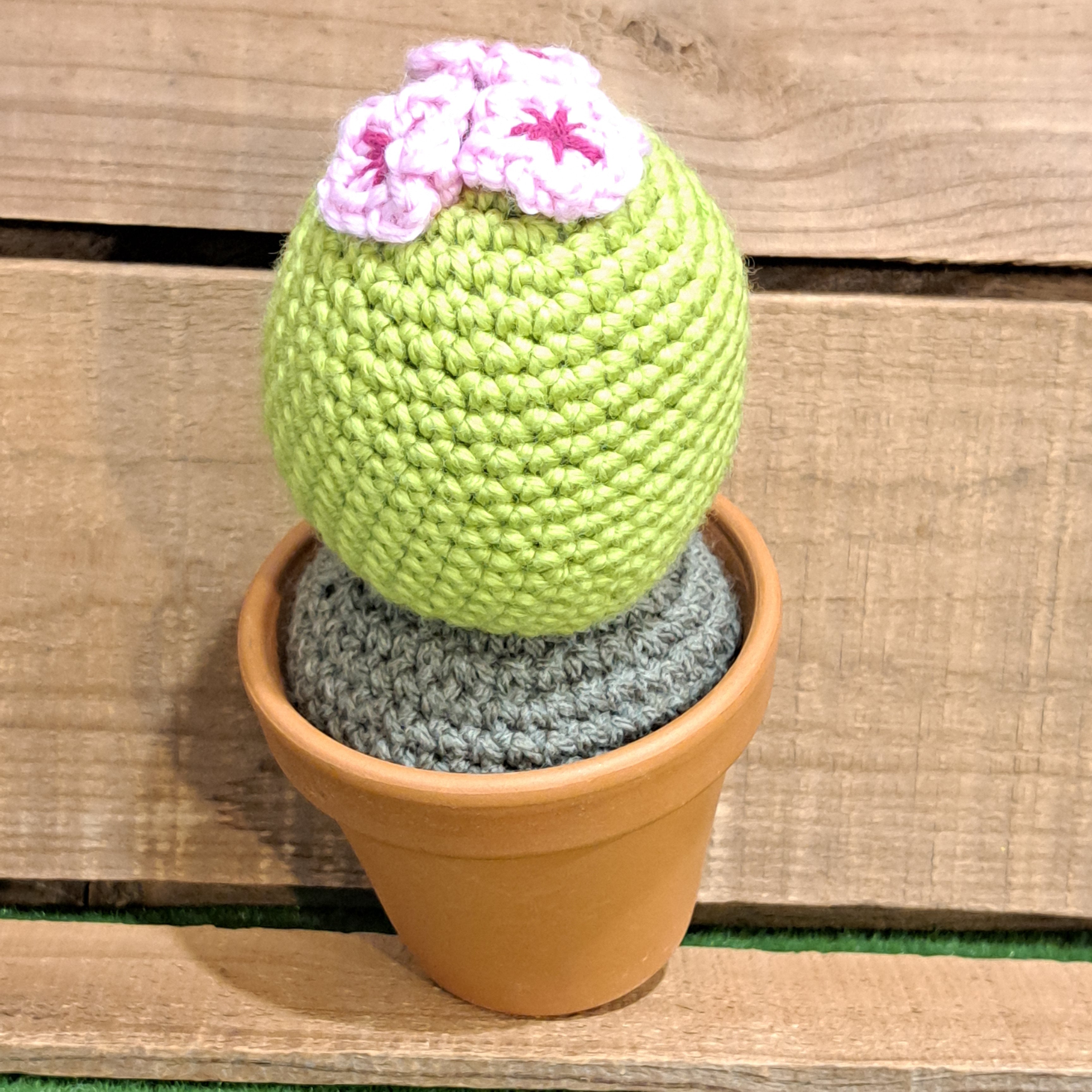 Crochet cactus/ in terracotta pot/ crochet pink flowers