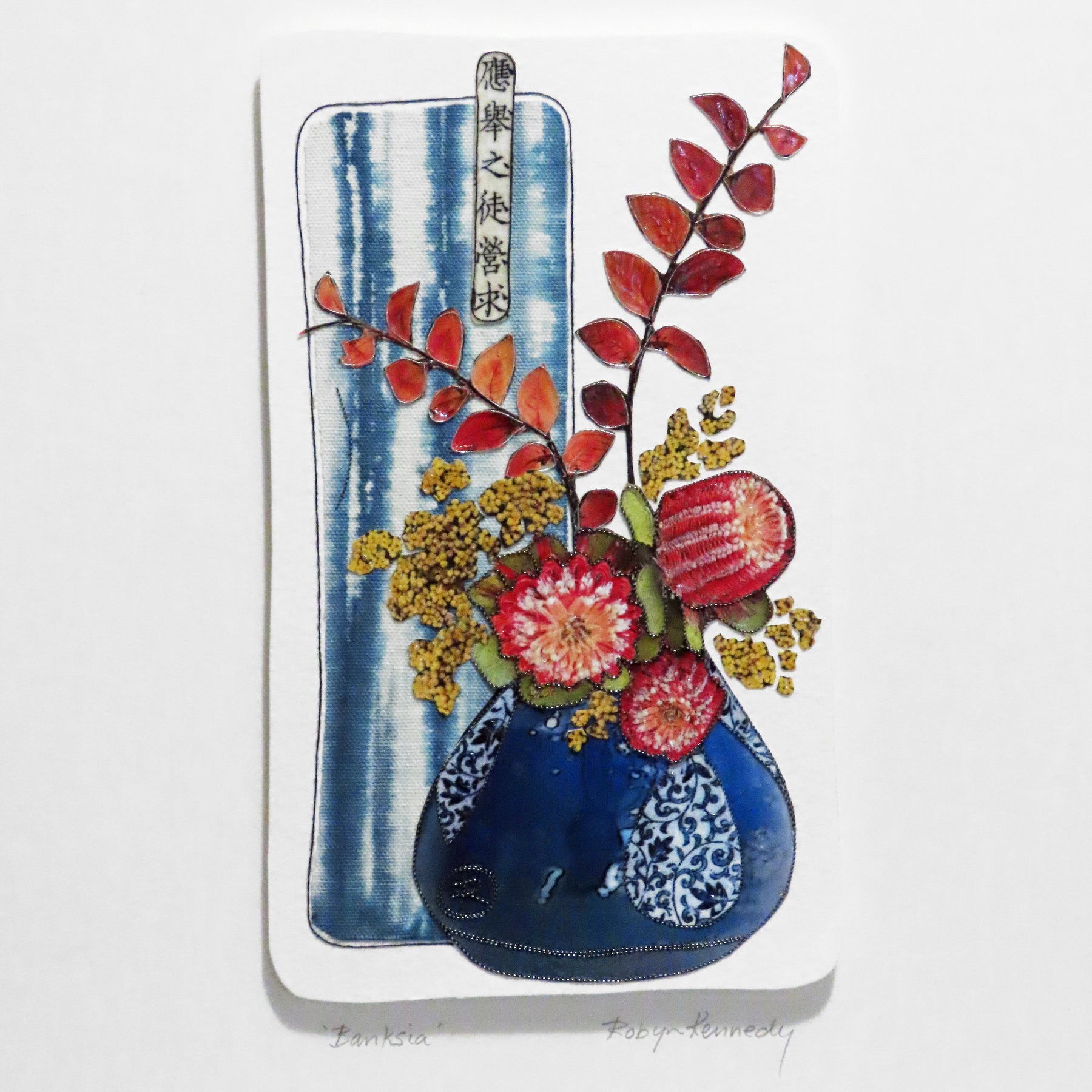 Unframed Collage Art - Red Banksia in Blue Vase