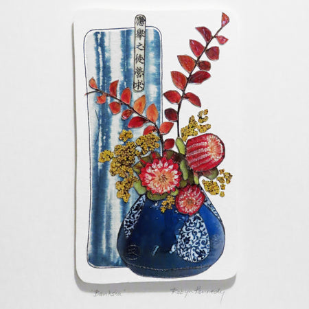 Unframed Collage Art - Red Banksia in Blue Vase