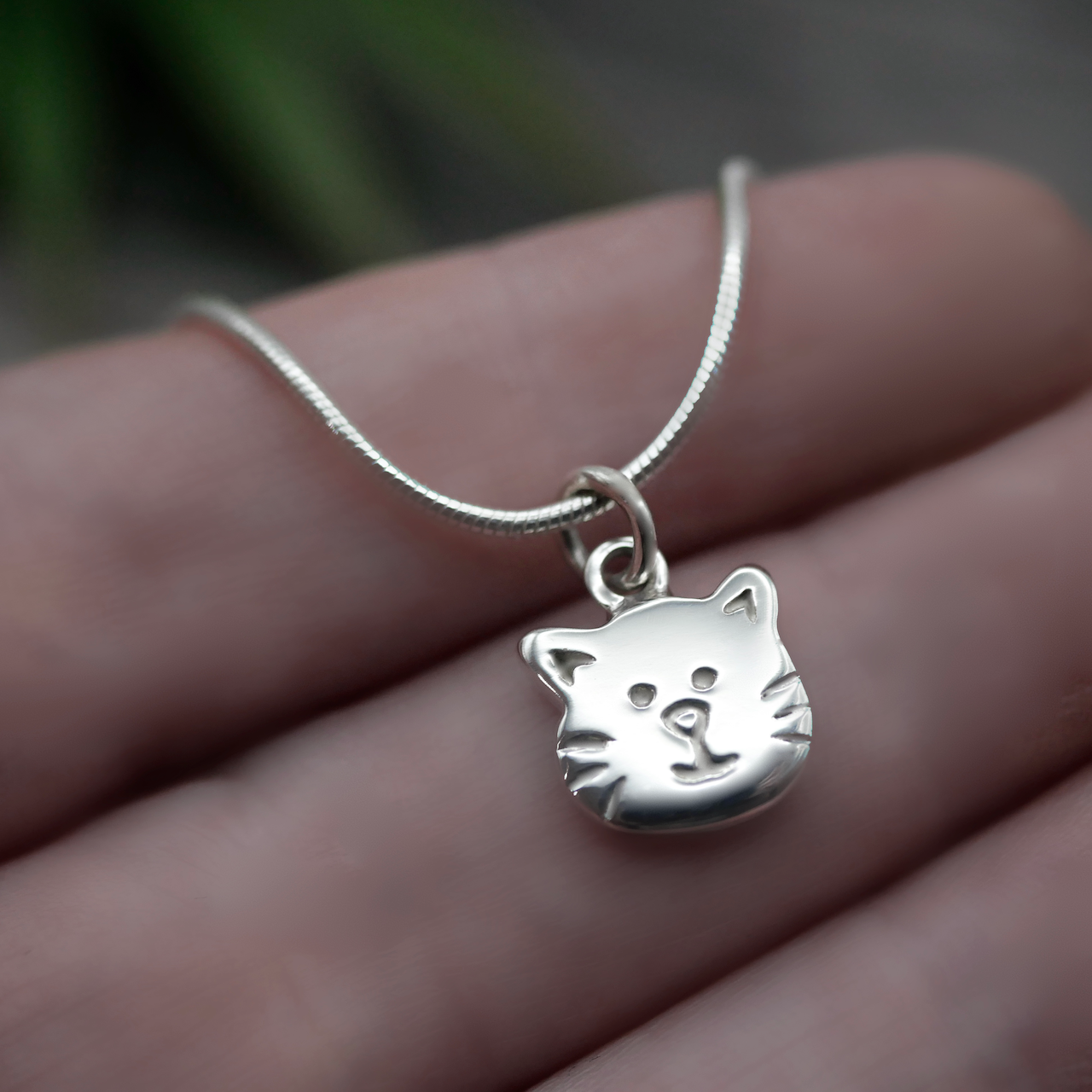 Cat - Handmade Sterling Silver Cat Face Pendant with Snake Chain