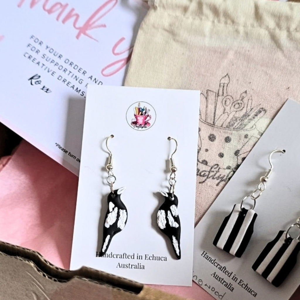 Australian Black and White Magpie Earrings