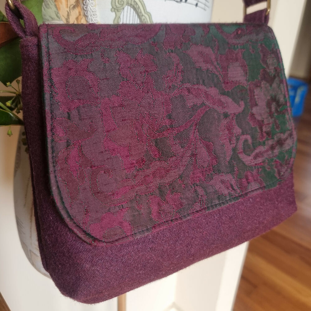 Upcycled mini messenger bag - rich plum & green
