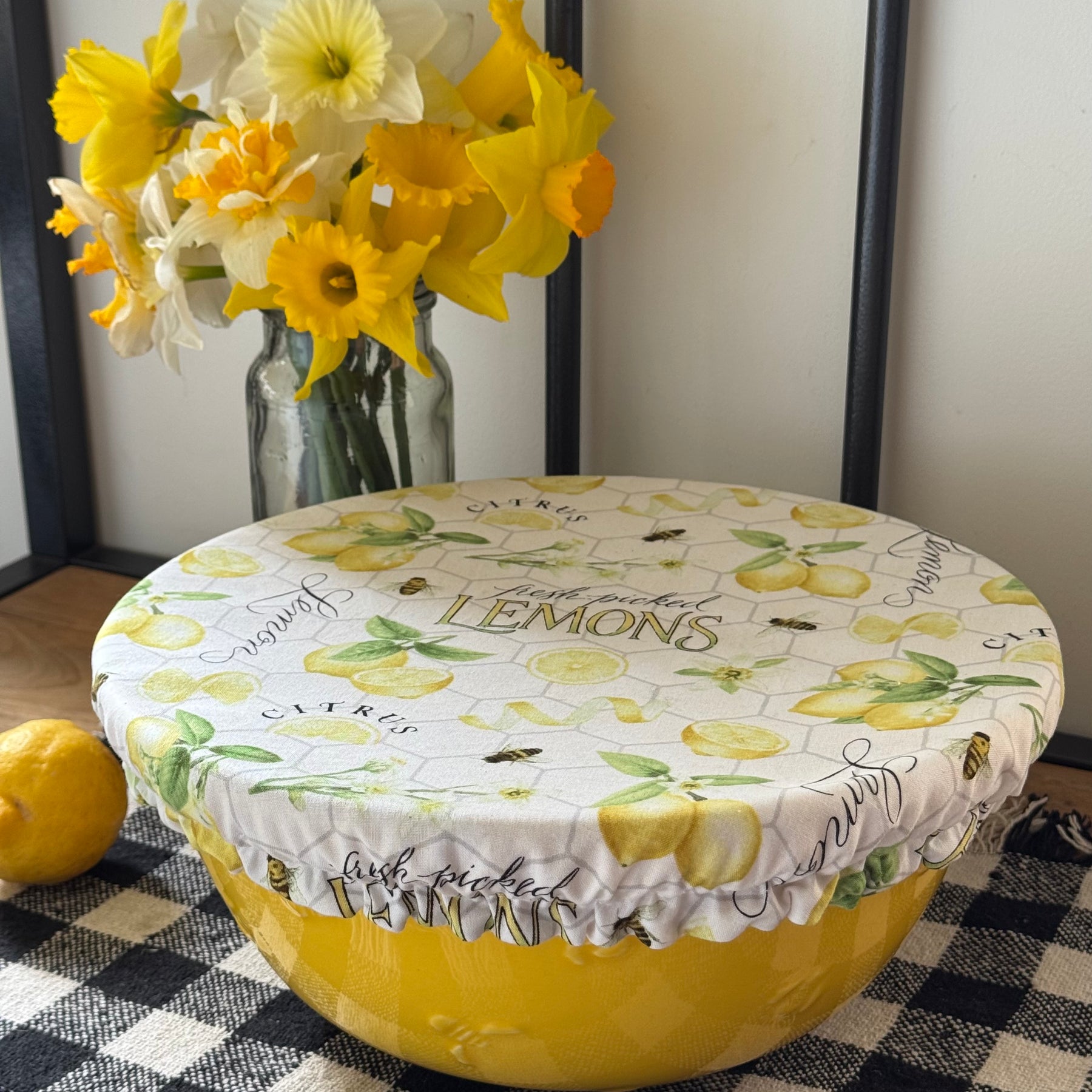 Fresh Picked Lemons Reversible Fabric Bowl Cover – Yellow Gingham – Handmade in Tasmania