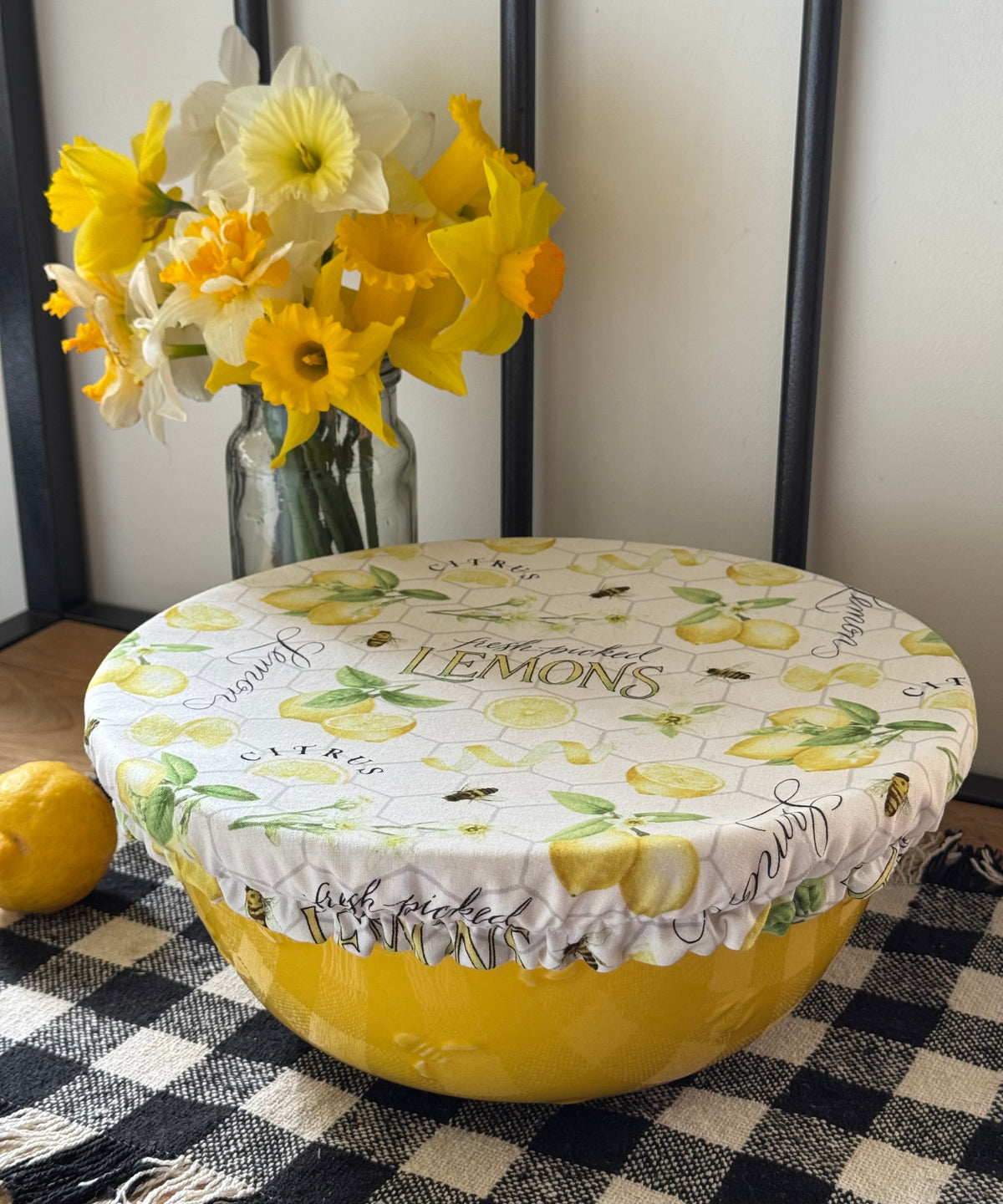 Fresh Picked Lemons Reversible Fabric Bowl Cover – Yellow Gingham – Handmade in Tasmania