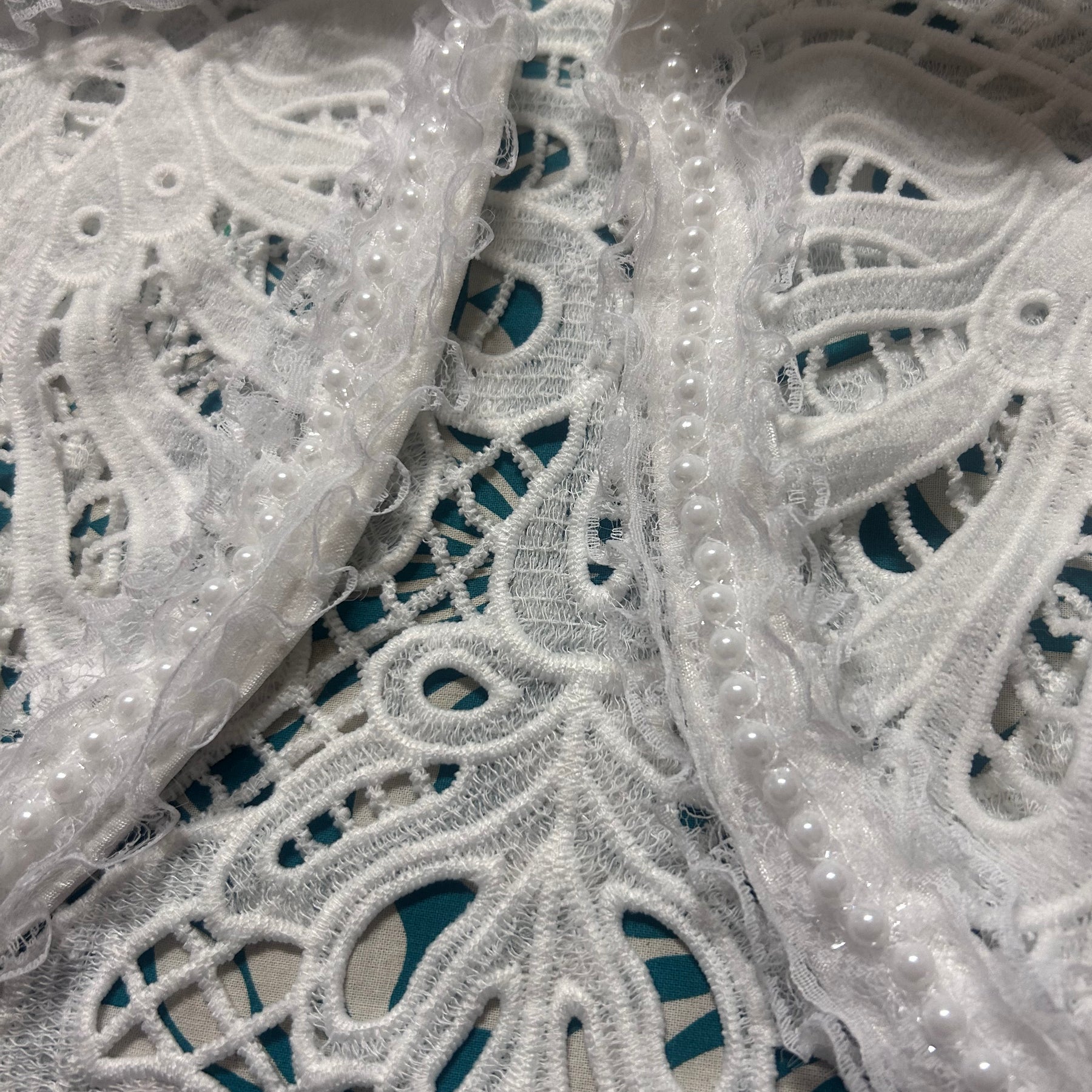 White lace bolero faux pearl and lace trim