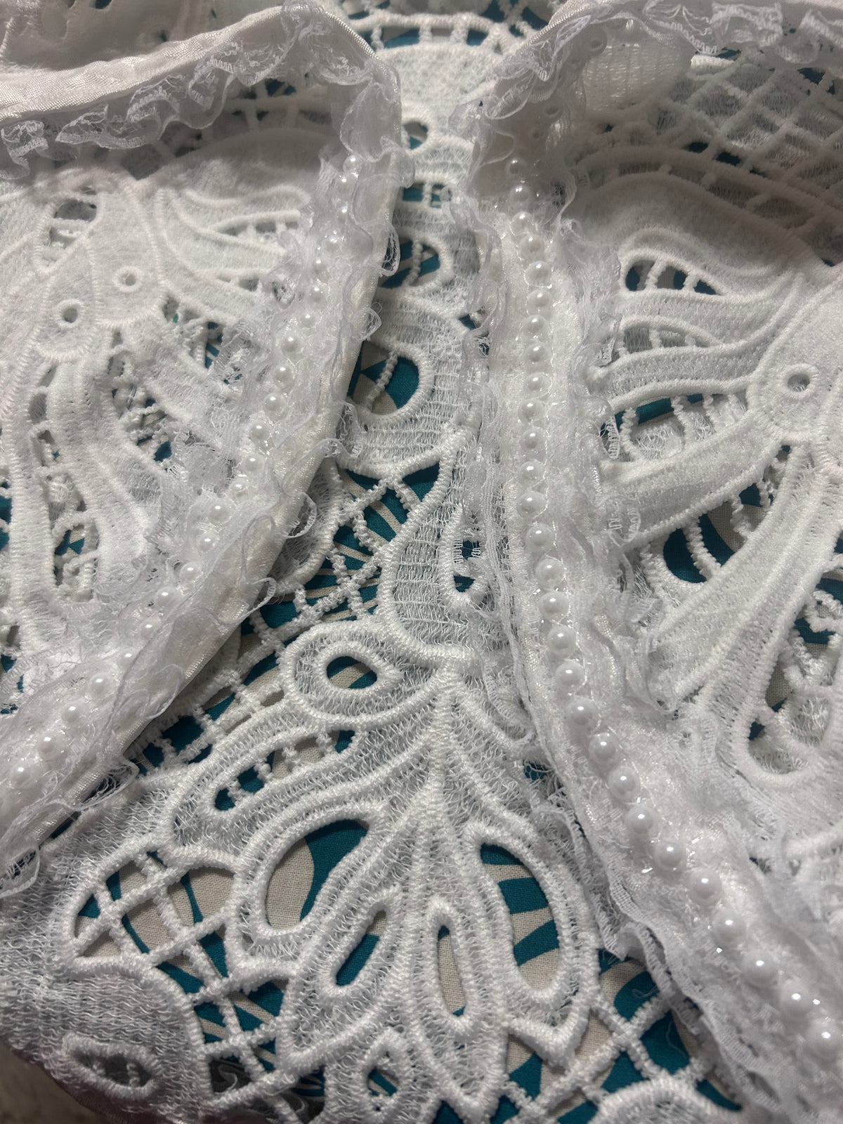 White lace bolero faux pearl and lace trim