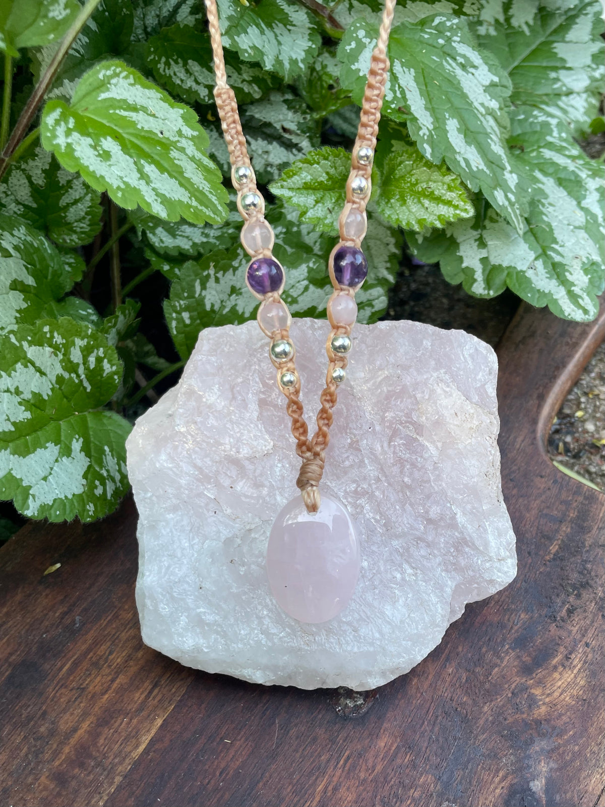Rose Quartz Pendant, Oval, beaded necklace macrame adjustable