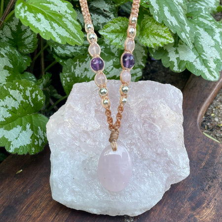 Rose Quartz Pendant, Oval, beaded necklace macrame adjustable