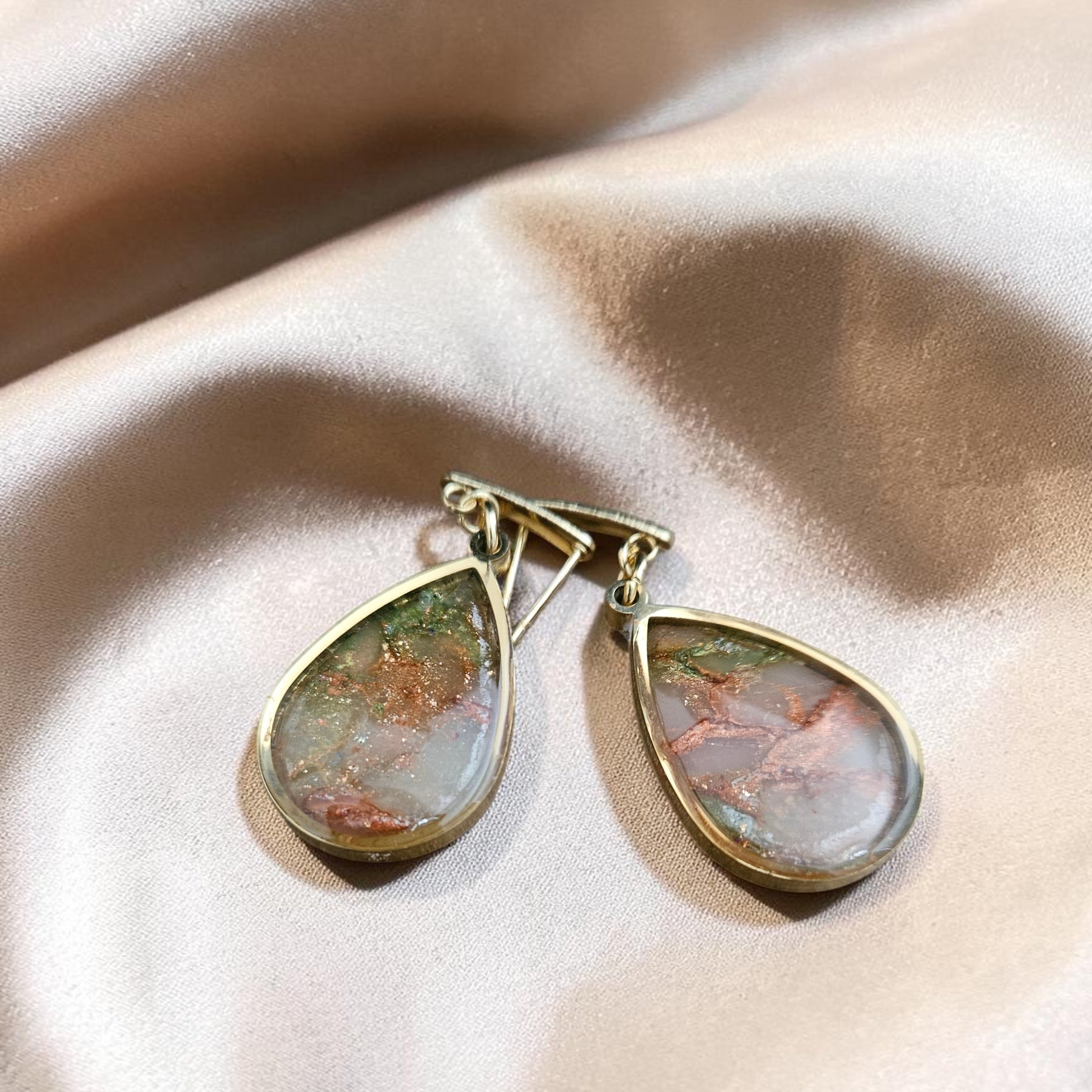 Teardrop Polymer Clay Earrings - Natural Olive and Burnt Orange